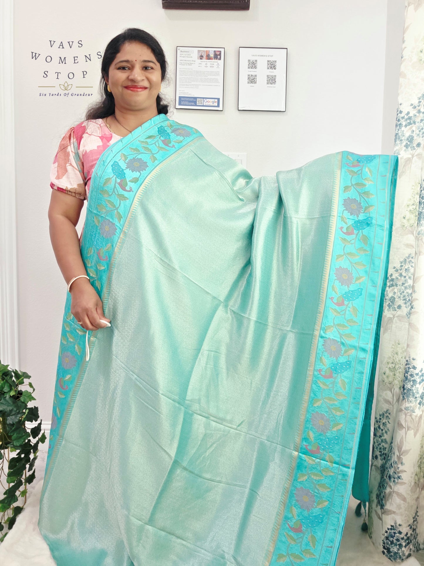 Aqua Mist Tissue Brocade Soft Silk Pochampally Style Designer Border Saree with Stitched Blouse