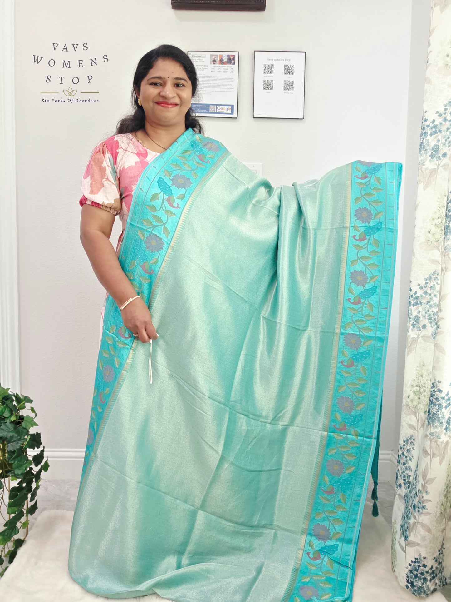 Aqua Mist Tissue Brocade Soft Silk Pochampally Style Designer Border Saree with Stitched Blouse