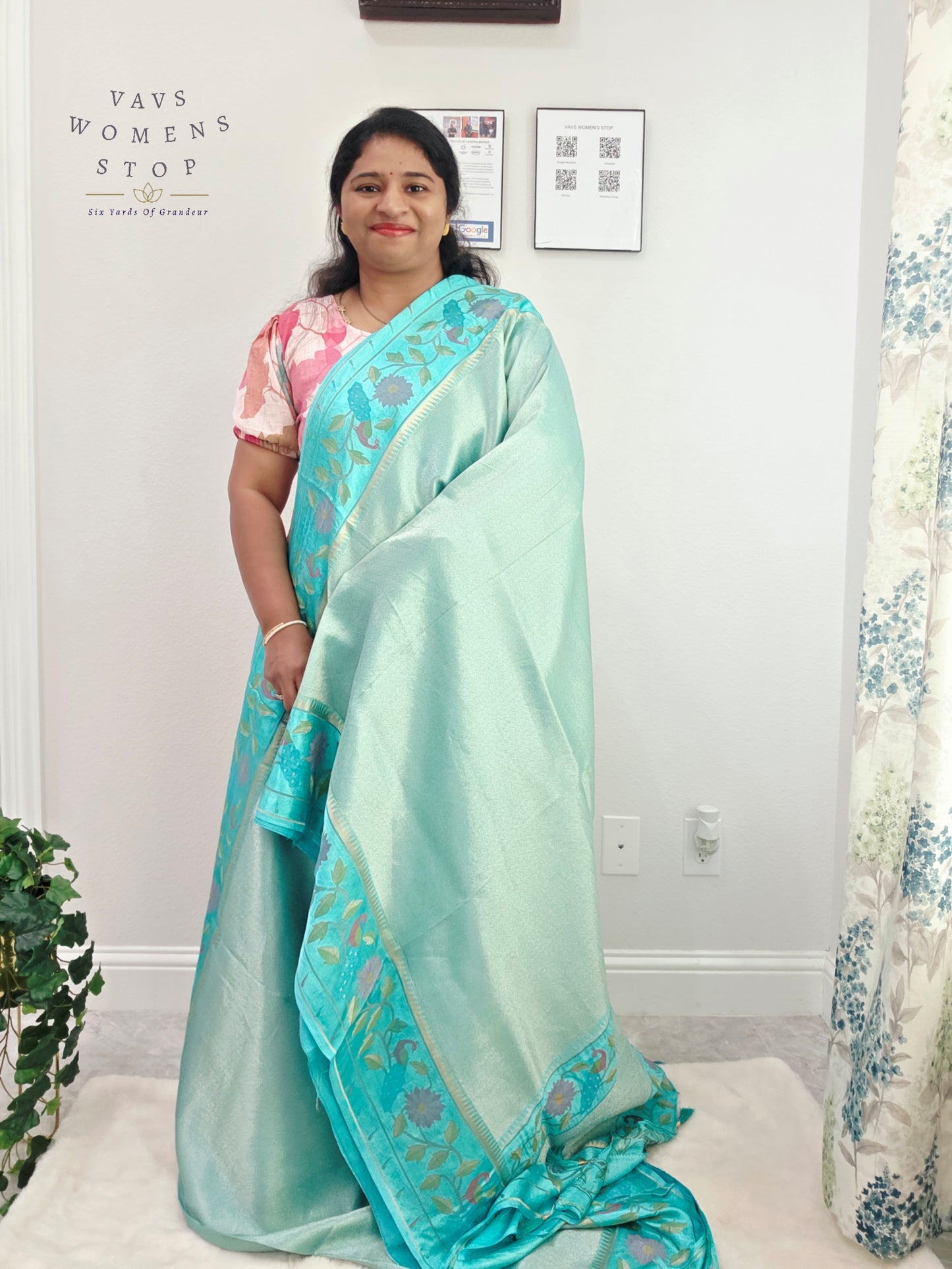 Aqua Mist Tissue Brocade Soft Silk Pochampally Style Designer Border Saree with Stitched Blouse