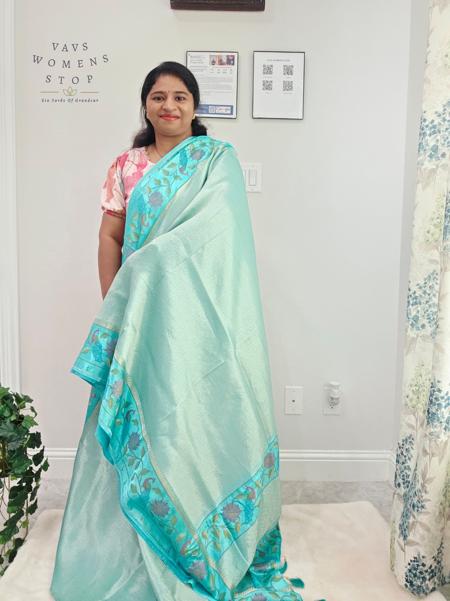 Aqua Mist Tissue Brocade Soft Silk Pochampally Style Designer Border Saree with Stitched Blouse