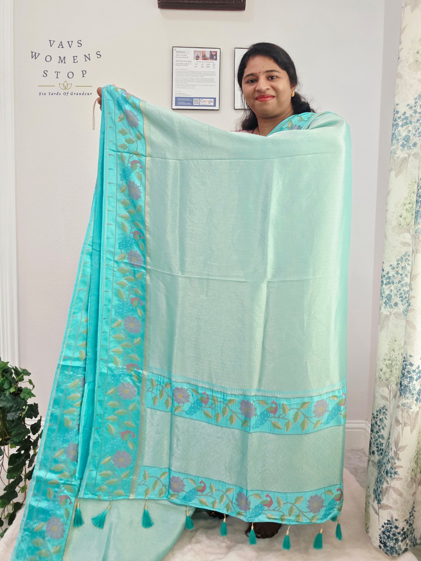 Aqua Mist Tissue Brocade Soft Silk Pochampally Style Designer Border Saree with Stitched Blouse