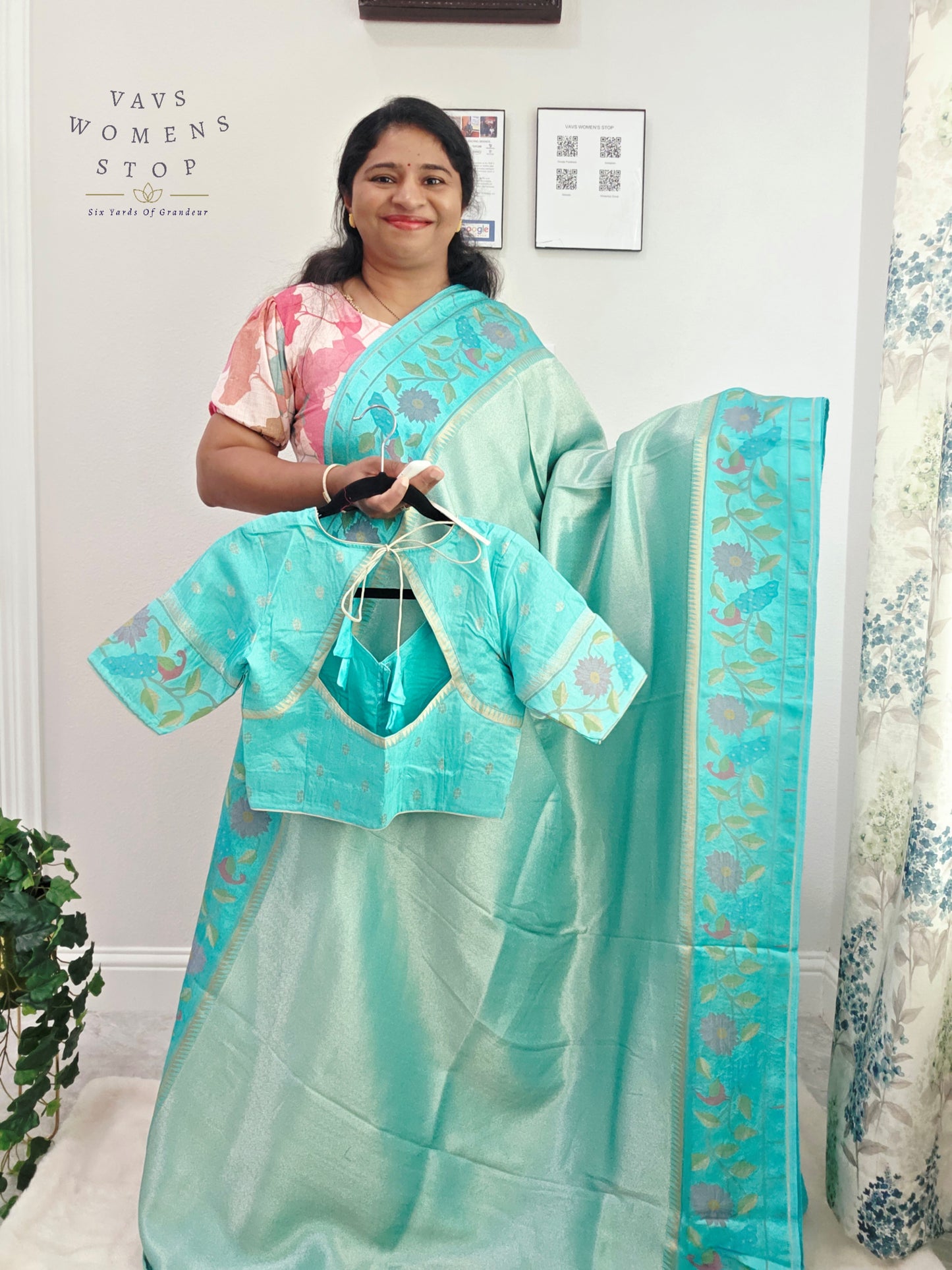 Aqua Mist Tissue Brocade Soft Silk Pochampally Style Designer Border Saree with Stitched Blouse