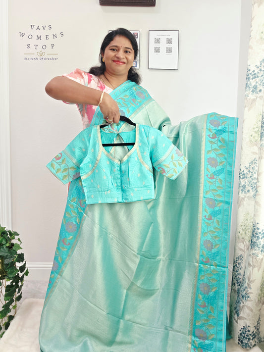 Aqua Mist Tissue Brocade Soft Silk Pochampally Style Designer Border Saree with Stitched Blouse