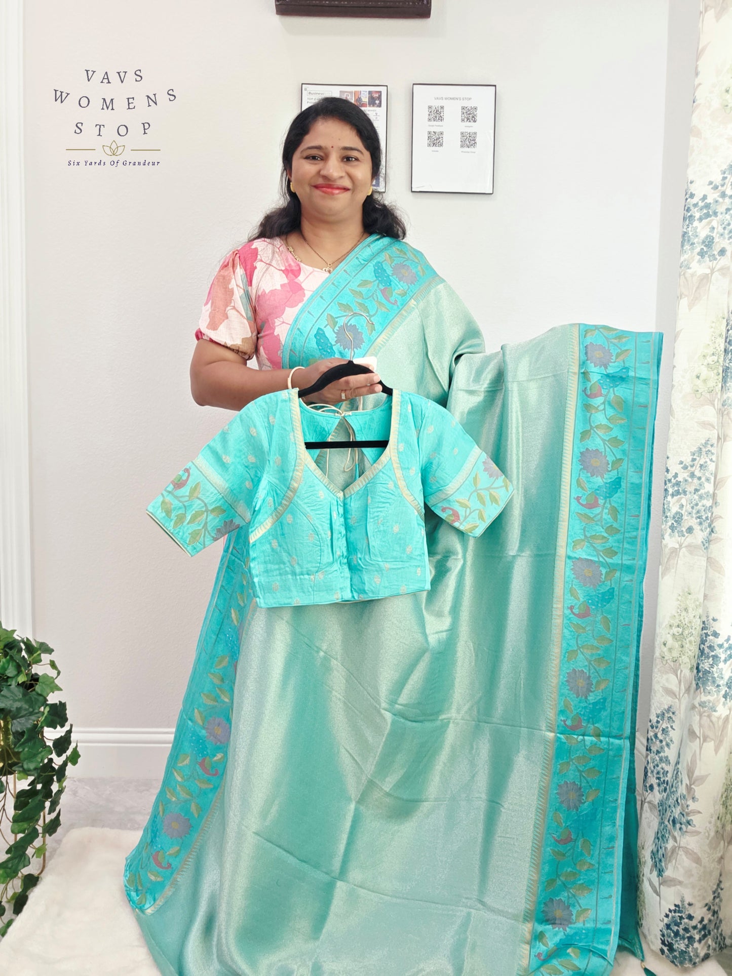 Aqua Mist Tissue Brocade Soft Silk Pochampally Style Designer Border Saree with Stitched Blouse