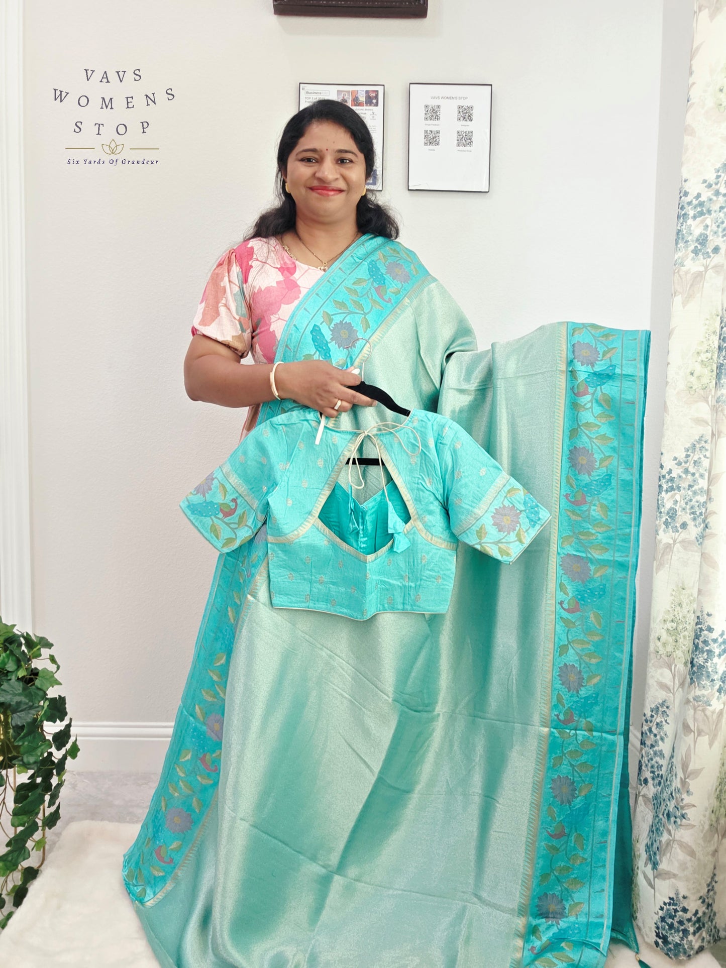 Aqua Mist Tissue Brocade Soft Silk Pochampally Style Designer Border Saree with Stitched Blouse