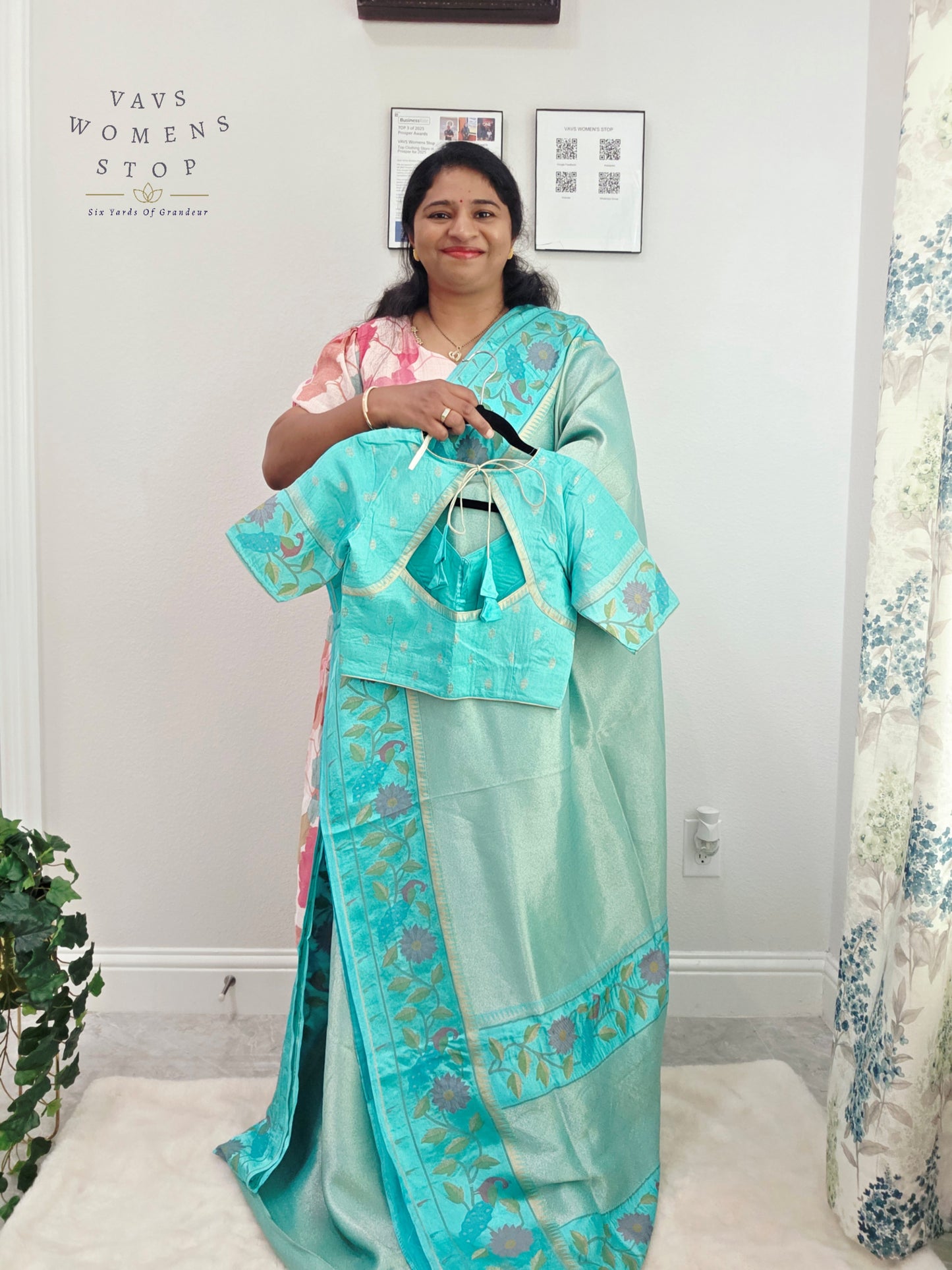 Aqua Mist Tissue Brocade Soft Silk Pochampally Style Designer Border Saree with Stitched Blouse