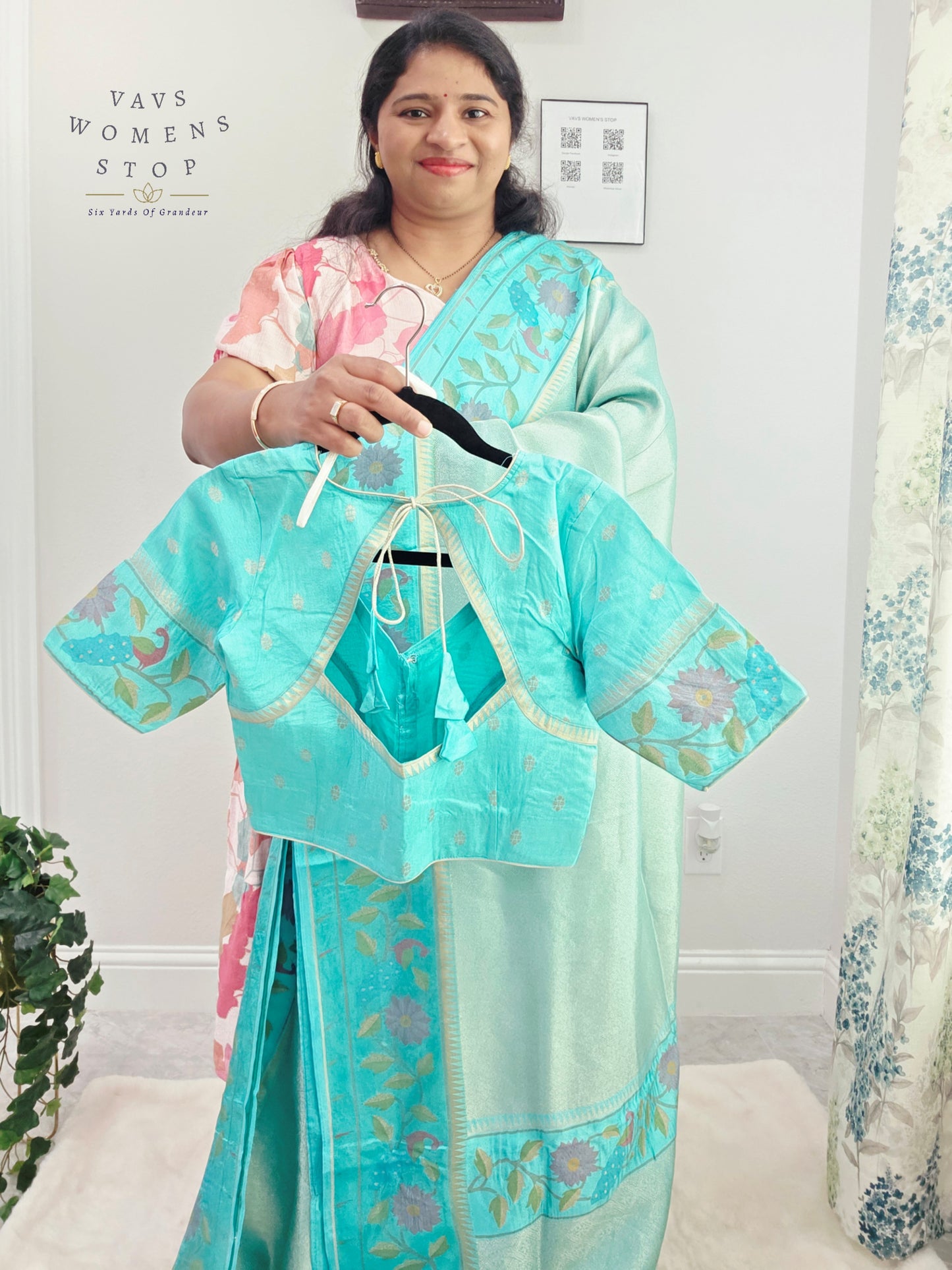 Aqua Mist Tissue Brocade Soft Silk Pochampally Style Designer Border Saree with Stitched Blouse