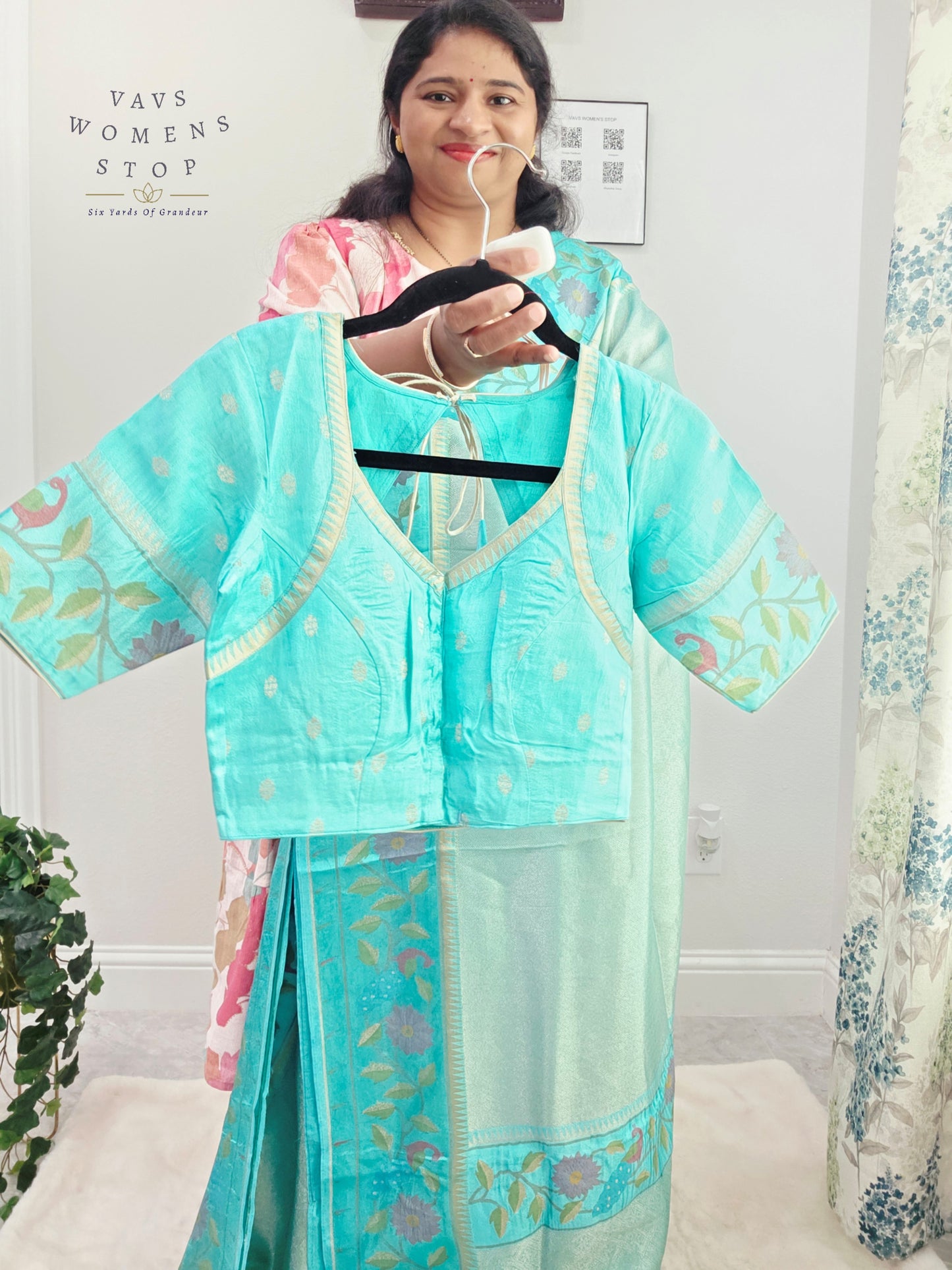 Aqua Mist Tissue Brocade Soft Silk Pochampally Style Designer Border Saree with Stitched Blouse