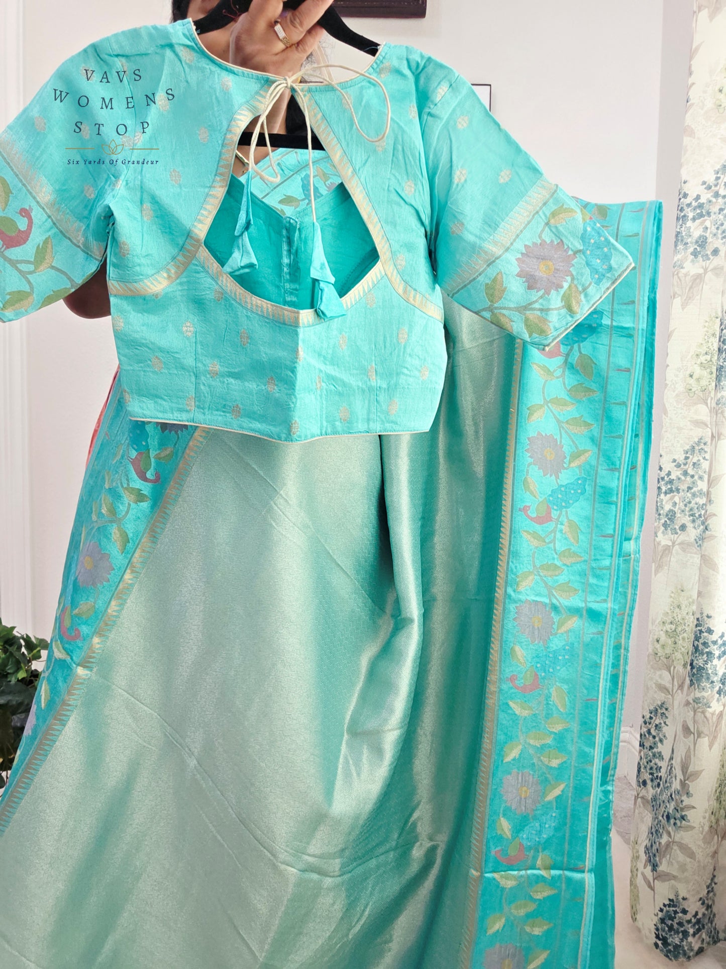Aqua Mist Tissue Brocade Soft Silk Pochampally Style Designer Border Saree with Stitched Blouse
