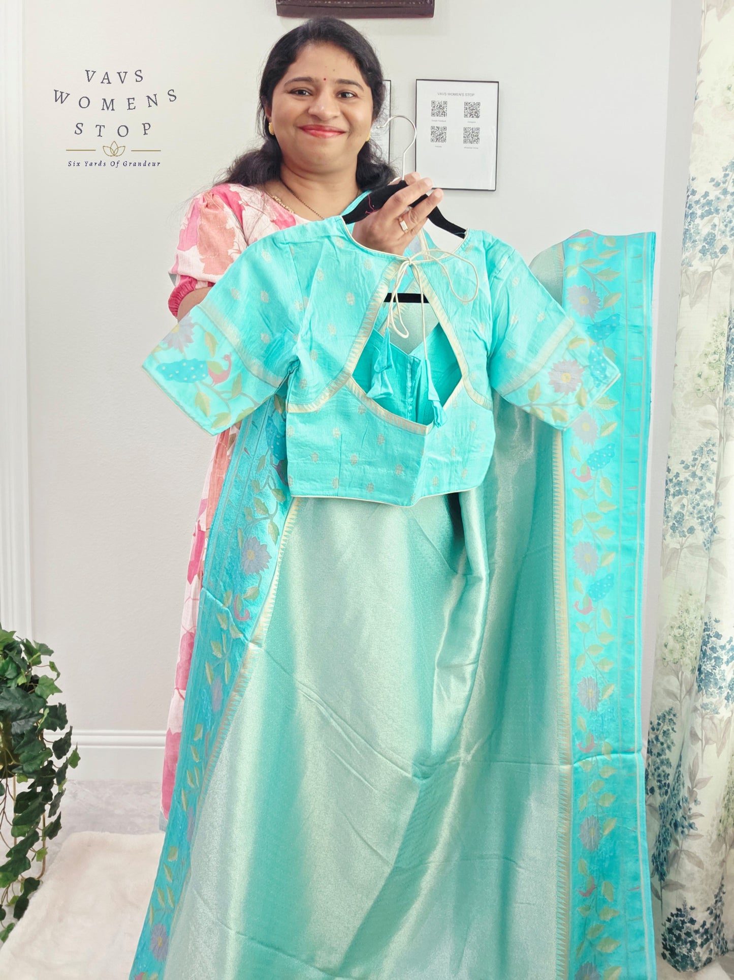 Aqua Mist Tissue Brocade Soft Silk Pochampally Style Designer Border Saree with Stitched Blouse