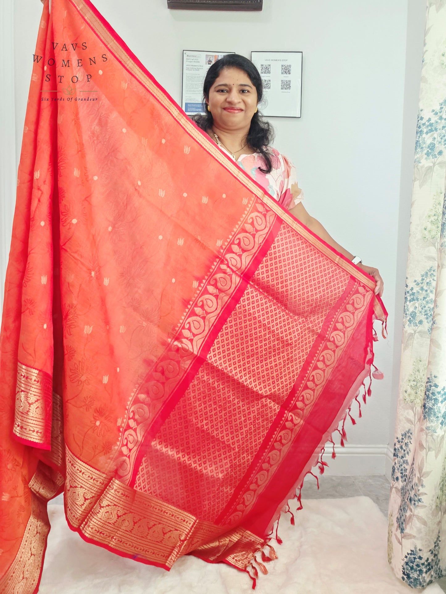 Coral Sunset Mangalagiri Pattu Silk Cotton Handloom Saree with Red Designer Stitched Blouse