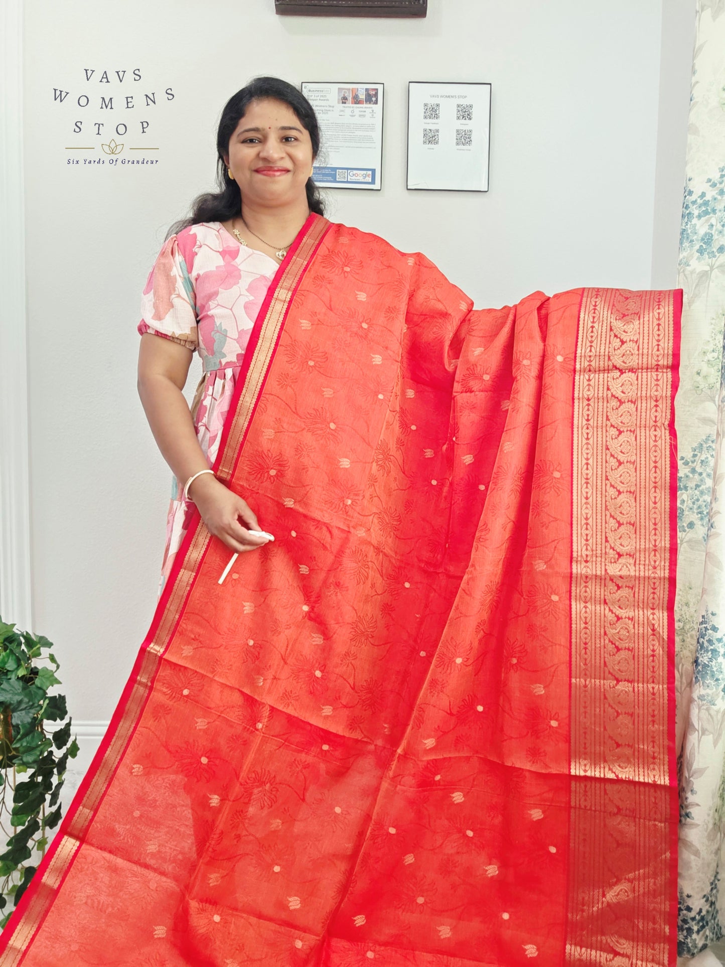 Coral Sunset Mangalagiri Pattu Silk Cotton Handloom Saree with Red Designer Stitched Blouse
