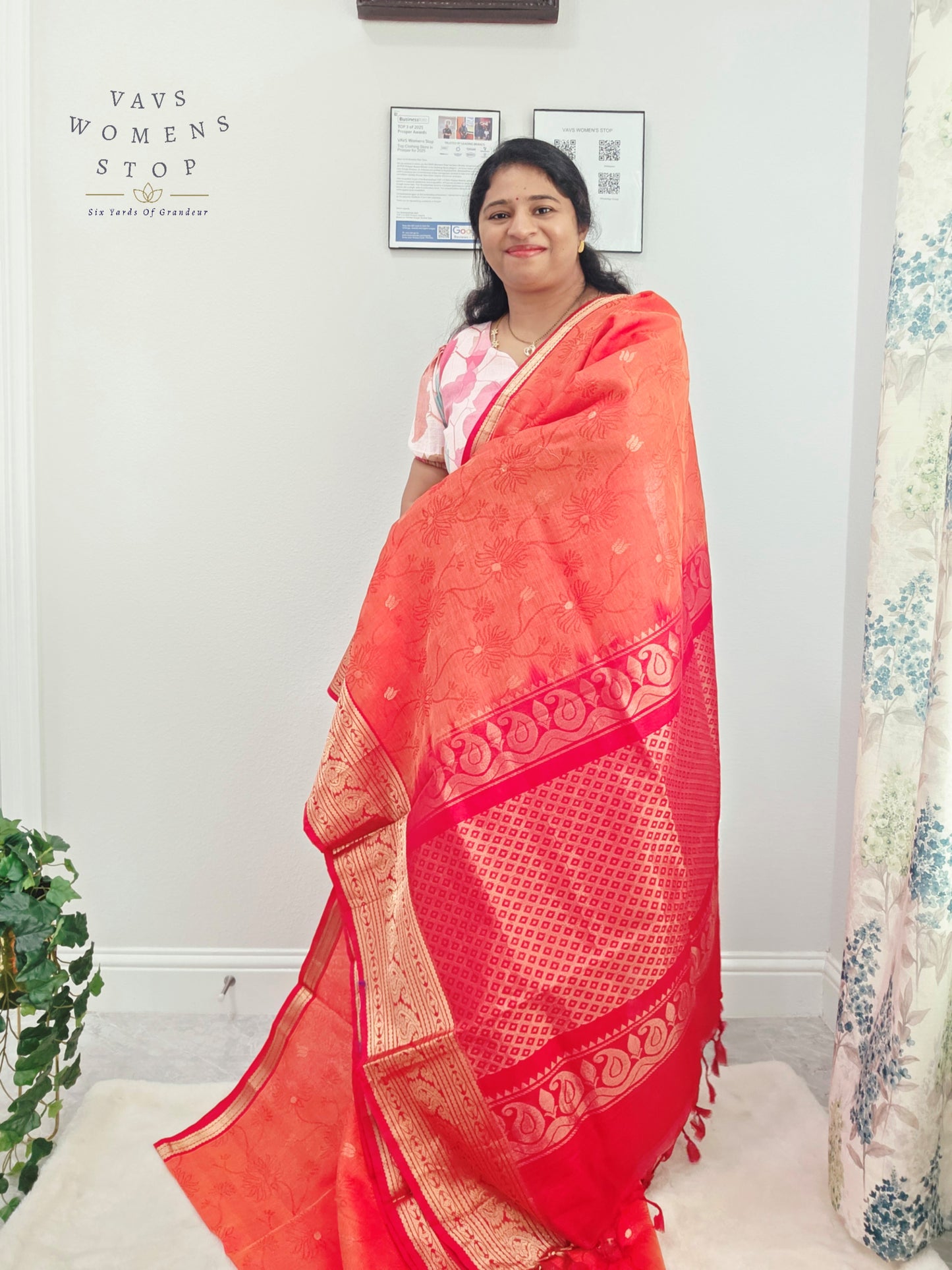 Coral Sunset Mangalagiri Pattu Silk Cotton Handloom Saree with Red Designer Stitched Blouse