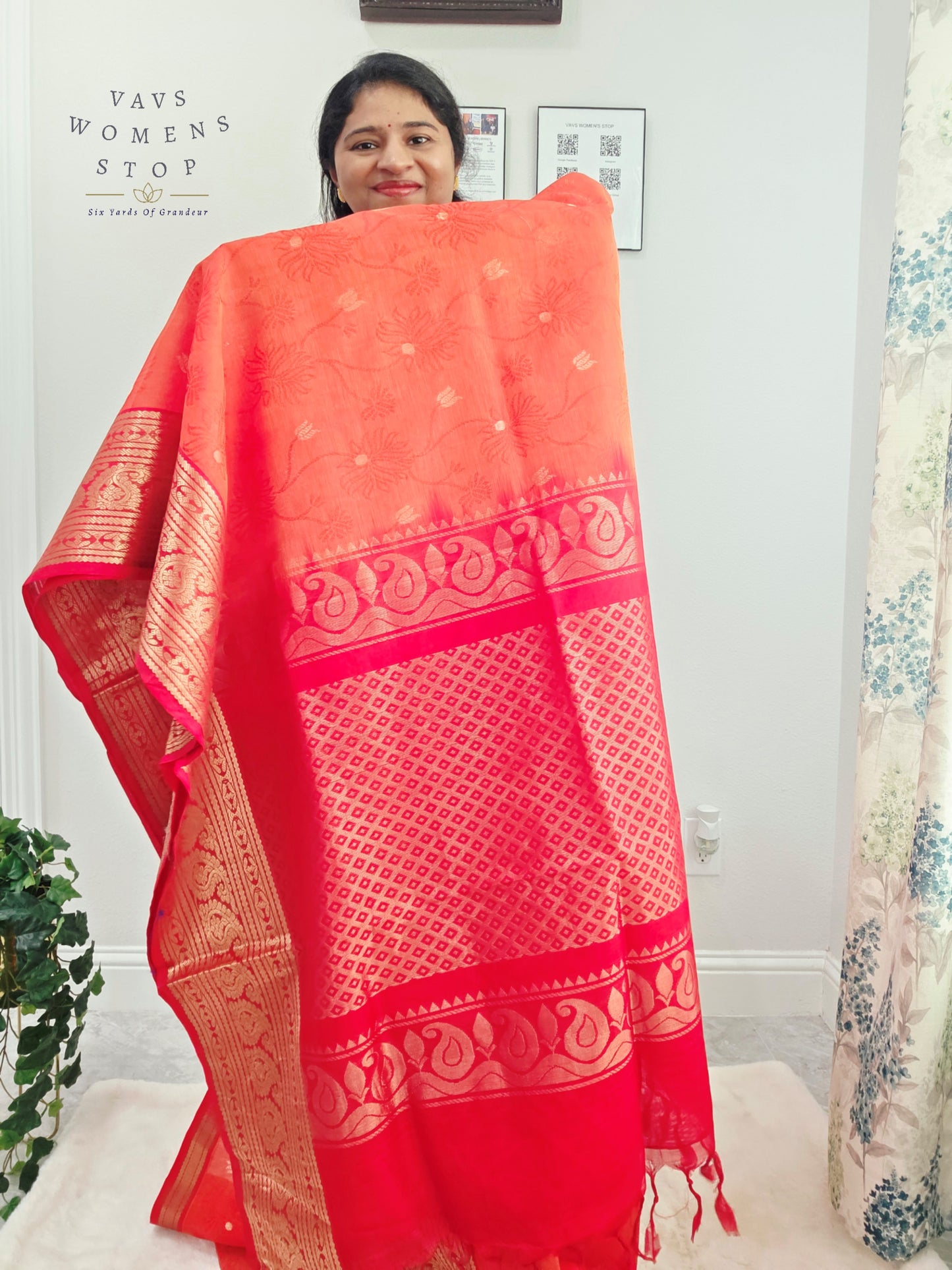 Coral Sunset Mangalagiri Pattu Silk Cotton Handloom Saree with Red Designer Stitched Blouse