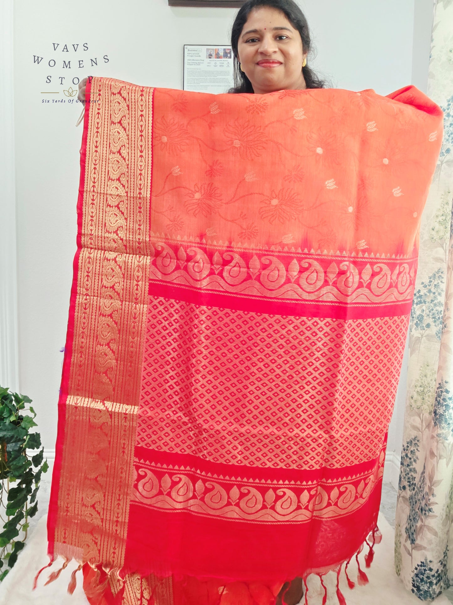 Coral Sunset Mangalagiri Pattu Silk Cotton Handloom Saree with Red Designer Stitched Blouse