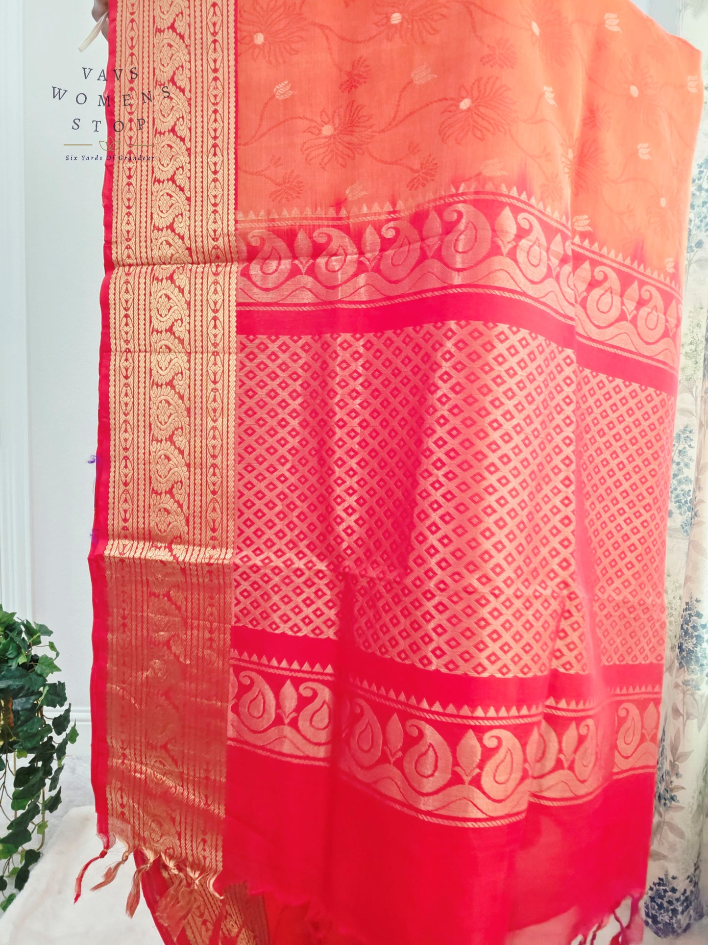 Coral Sunset Mangalagiri Pattu Silk Cotton Handloom Saree with Red Designer Stitched Blouse