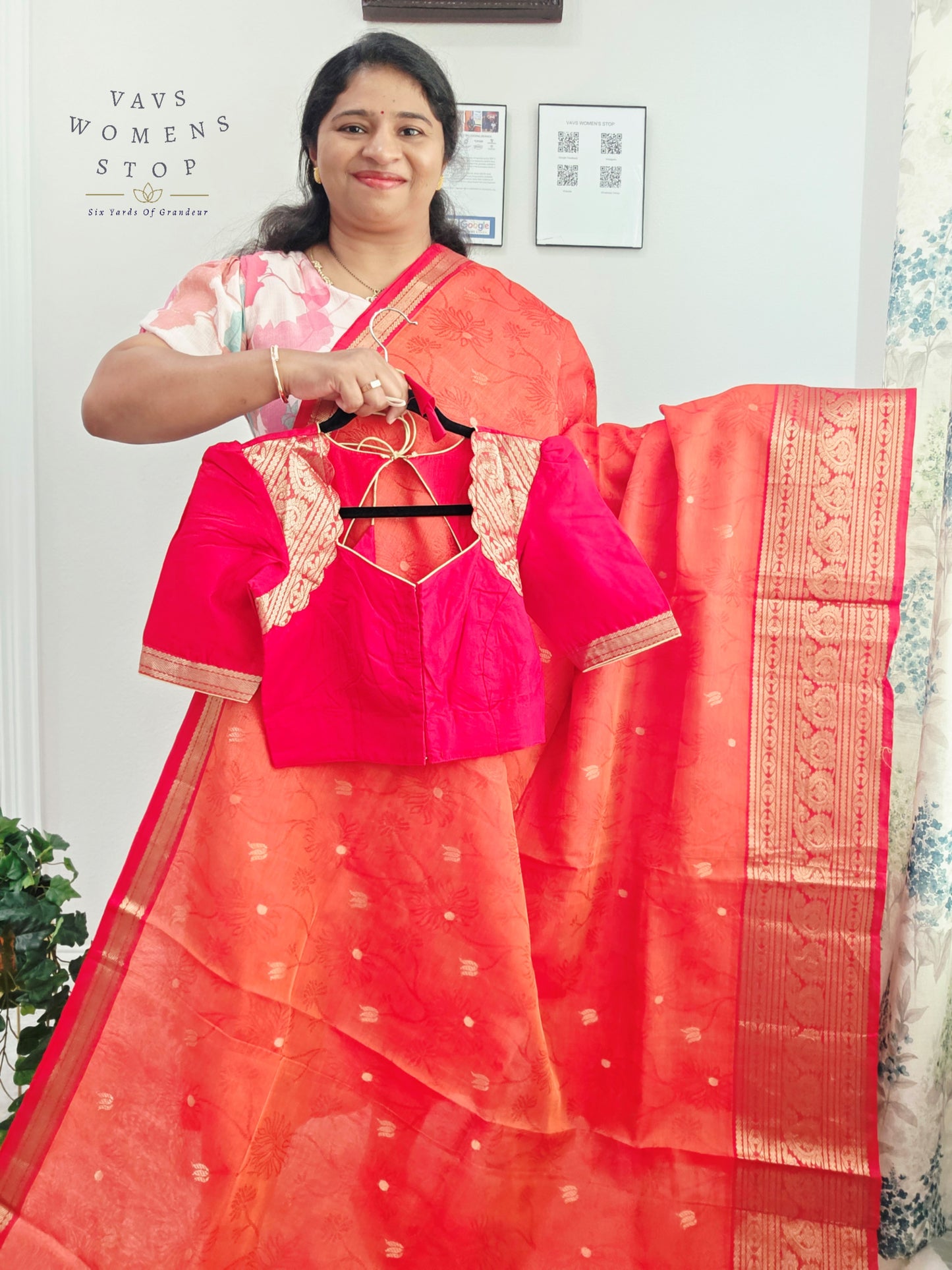 Coral Sunset Mangalagiri Pattu Silk Cotton Handloom Saree with Red Designer Stitched Blouse
