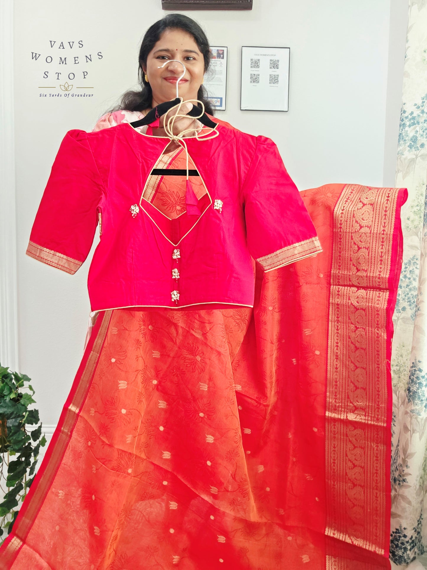 Coral Sunset Mangalagiri Pattu Silk Cotton Handloom Saree with Red Designer Stitched Blouse