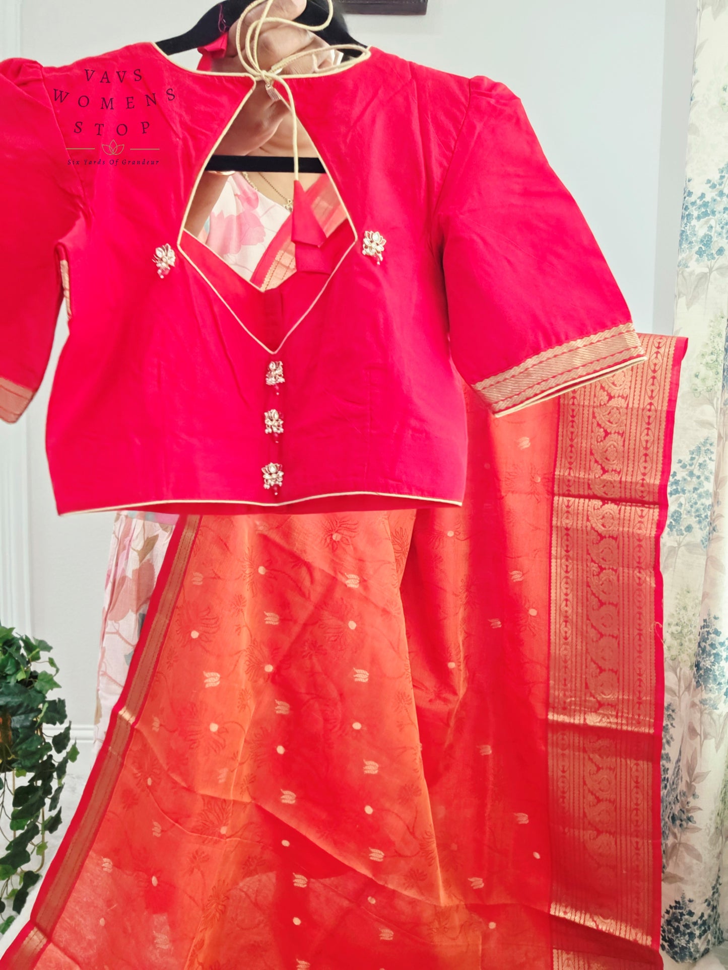 Coral Sunset Mangalagiri Pattu Silk Cotton Handloom Saree with Red Designer Stitched Blouse