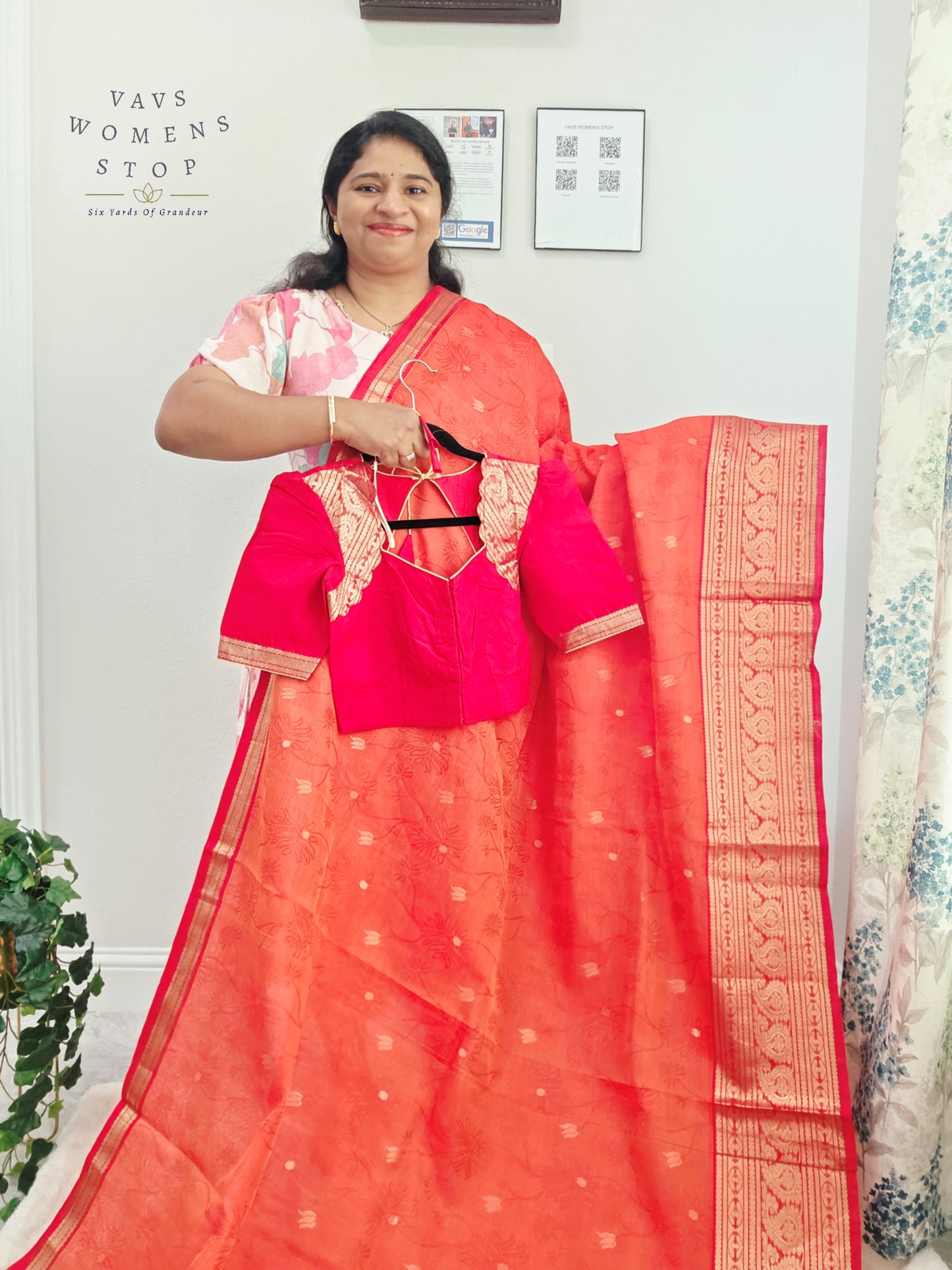 Coral Sunset Mangalagiri Pattu Silk Cotton Handloom Saree with Red Designer Stitched Blouse