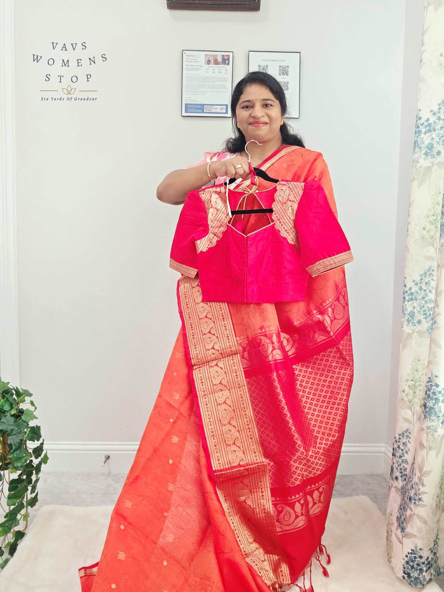 Coral Sunset Mangalagiri Pattu Silk Cotton Handloom Saree with Red Designer Stitched Blouse