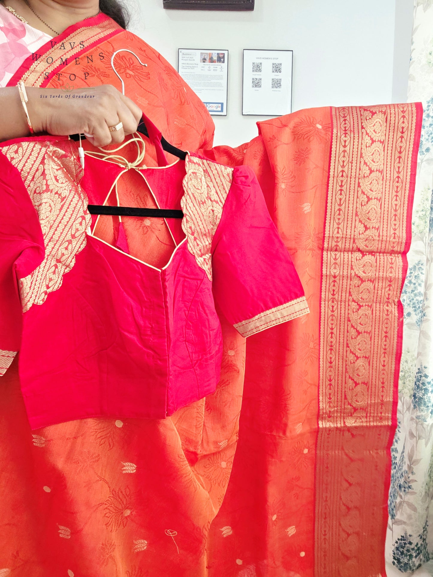 Coral Sunset Mangalagiri Pattu Silk Cotton Handloom Saree with Red Designer Stitched Blouse