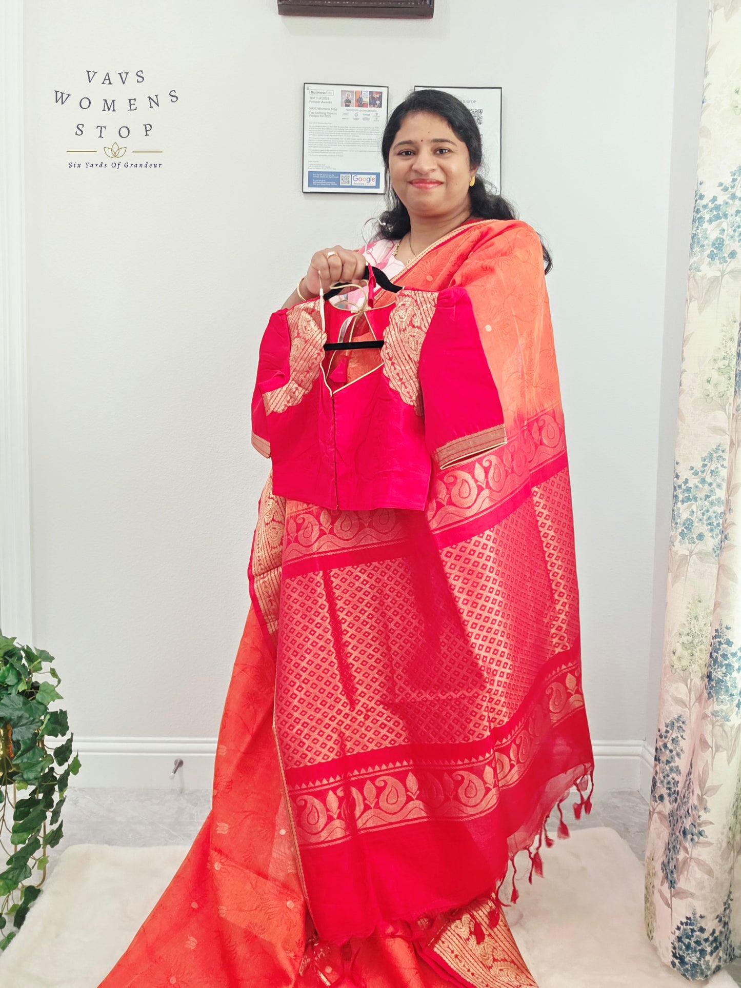 Coral Sunset Mangalagiri Pattu Silk Cotton Handloom Saree with Red Designer Stitched Blouse