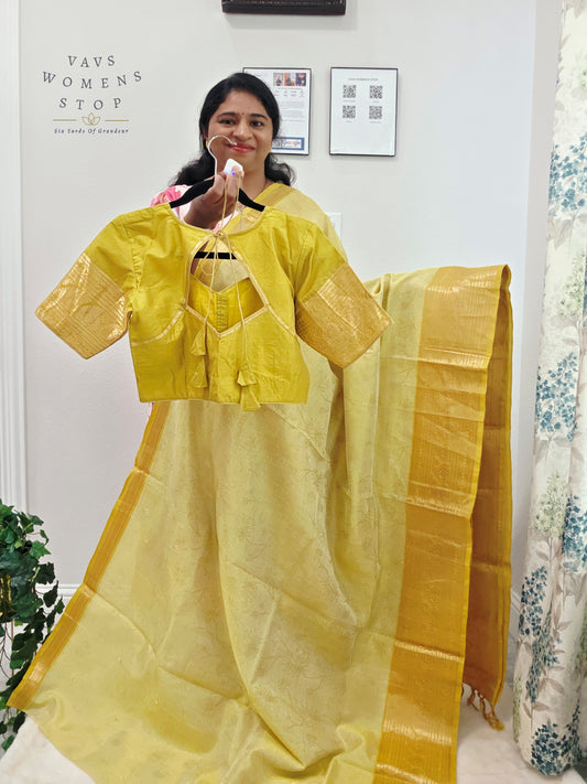Pistachio Green Mangalagiri Pattu Silk Cotton Handloom Saree with Lime Gold Zari Border & Designer Stitched Blouse
