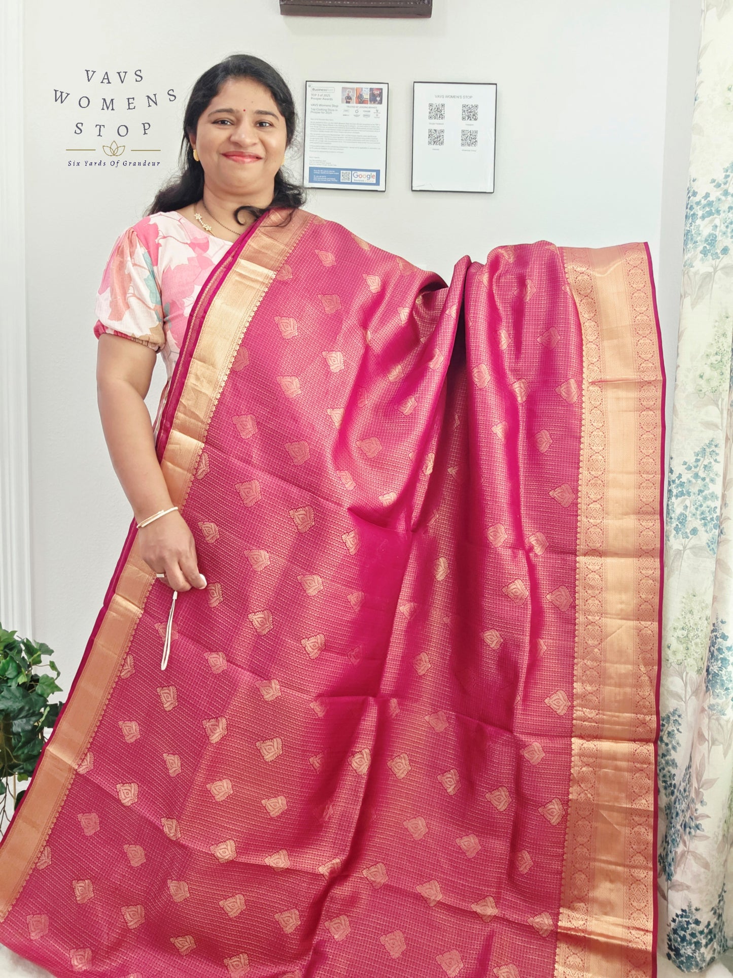 Royal Fuchsia Pink Pure Kanchi Handloom Double Warp Soft Silk Saree with Antique Gold Zari Border & Stitched Blouse
