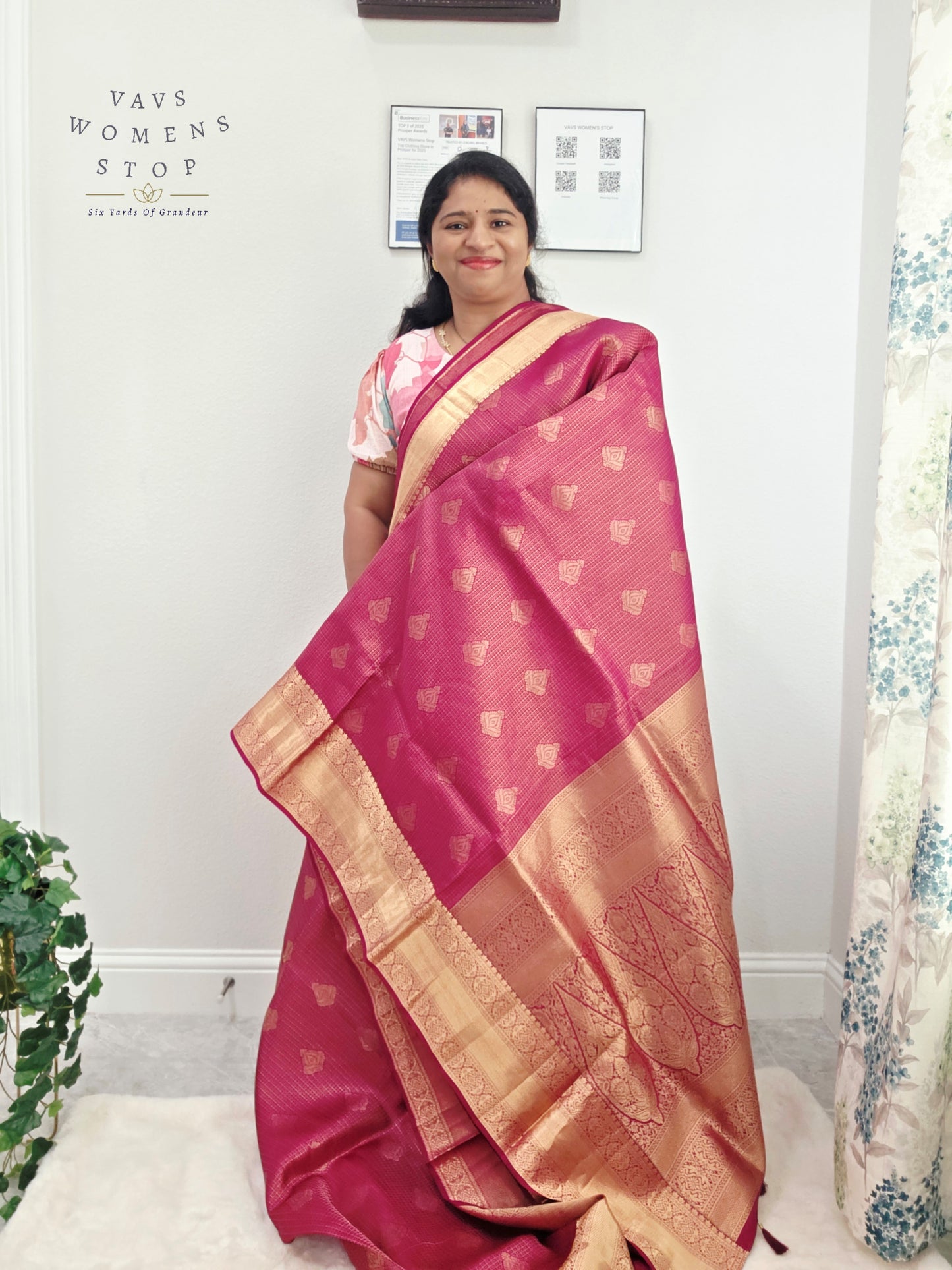 Royal Fuchsia Pink Pure Kanchi Handloom Double Warp Soft Silk Saree with Antique Gold Zari Border & Stitched Blouse
