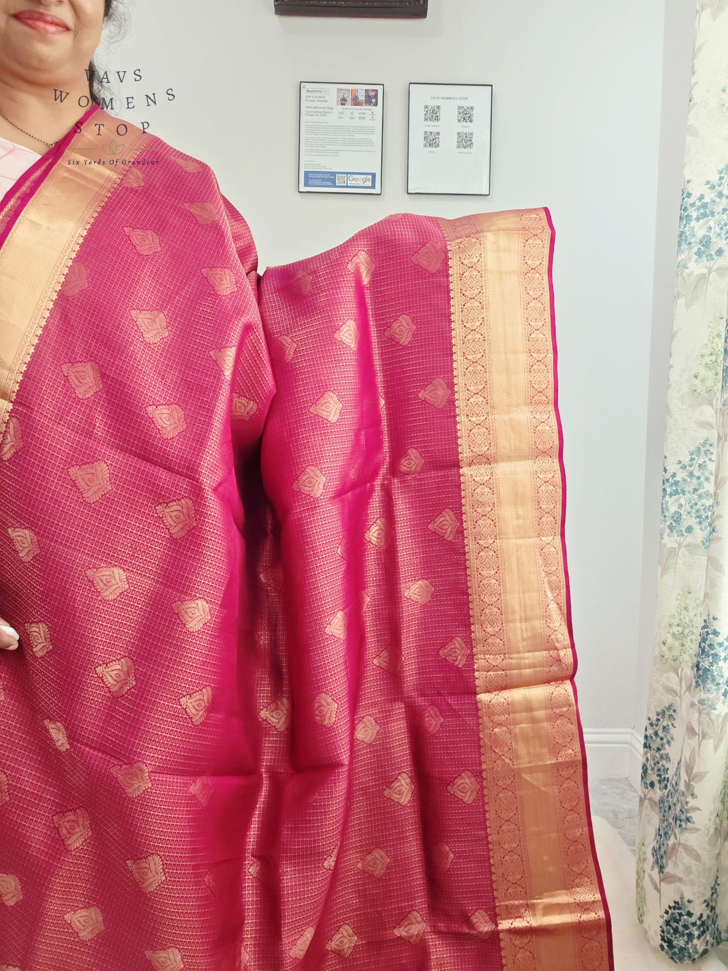 Royal Fuchsia Pink Pure Kanchi Handloom Double Warp Soft Silk Saree with Antique Gold Zari Border & Stitched Blouse