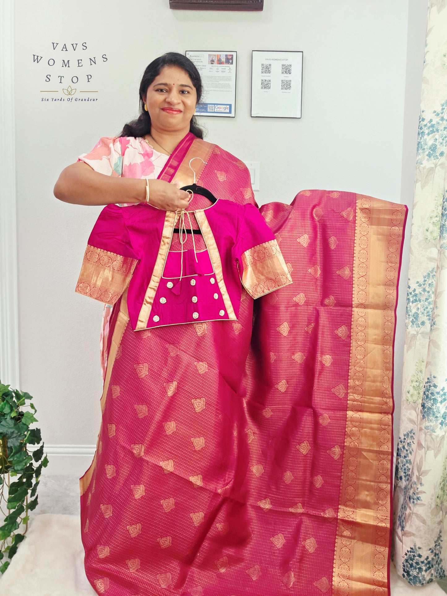 Royal Fuchsia Pink Pure Kanchi Handloom Double Warp Soft Silk Saree with Antique Gold Zari Border & Stitched Blouse