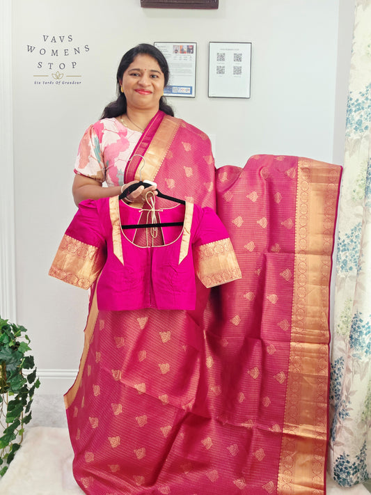Royal Fuchsia Pink Pure Kanchi Handloom Double Warp Soft Silk Saree with Antique Gold Zari Border & Stitched Blouse