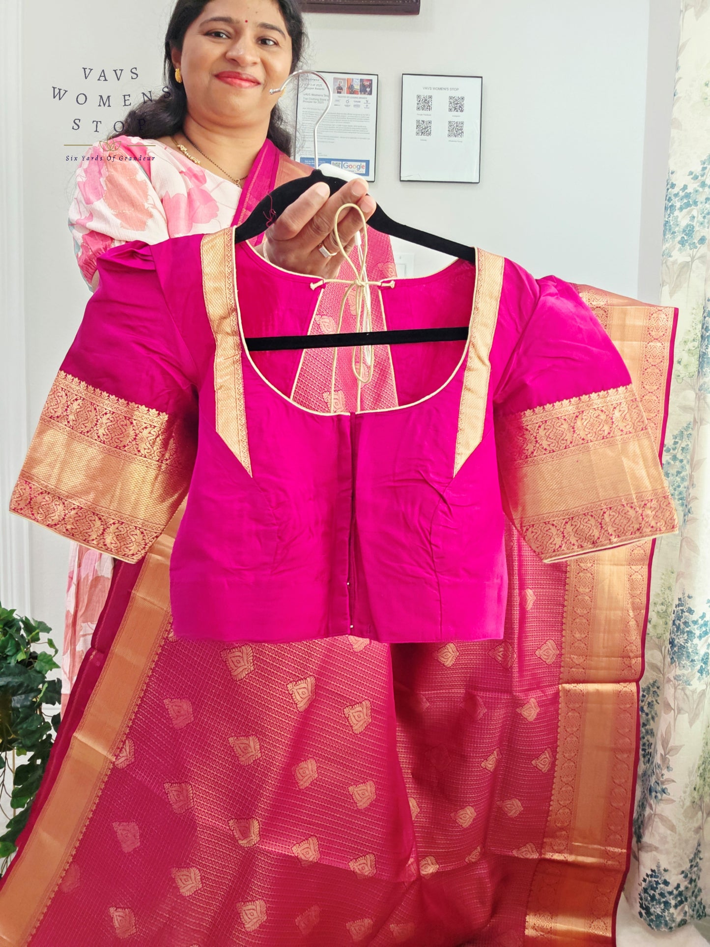 Royal Fuchsia Pink Pure Kanchi Handloom Double Warp Soft Silk Saree with Antique Gold Zari Border & Stitched Blouse