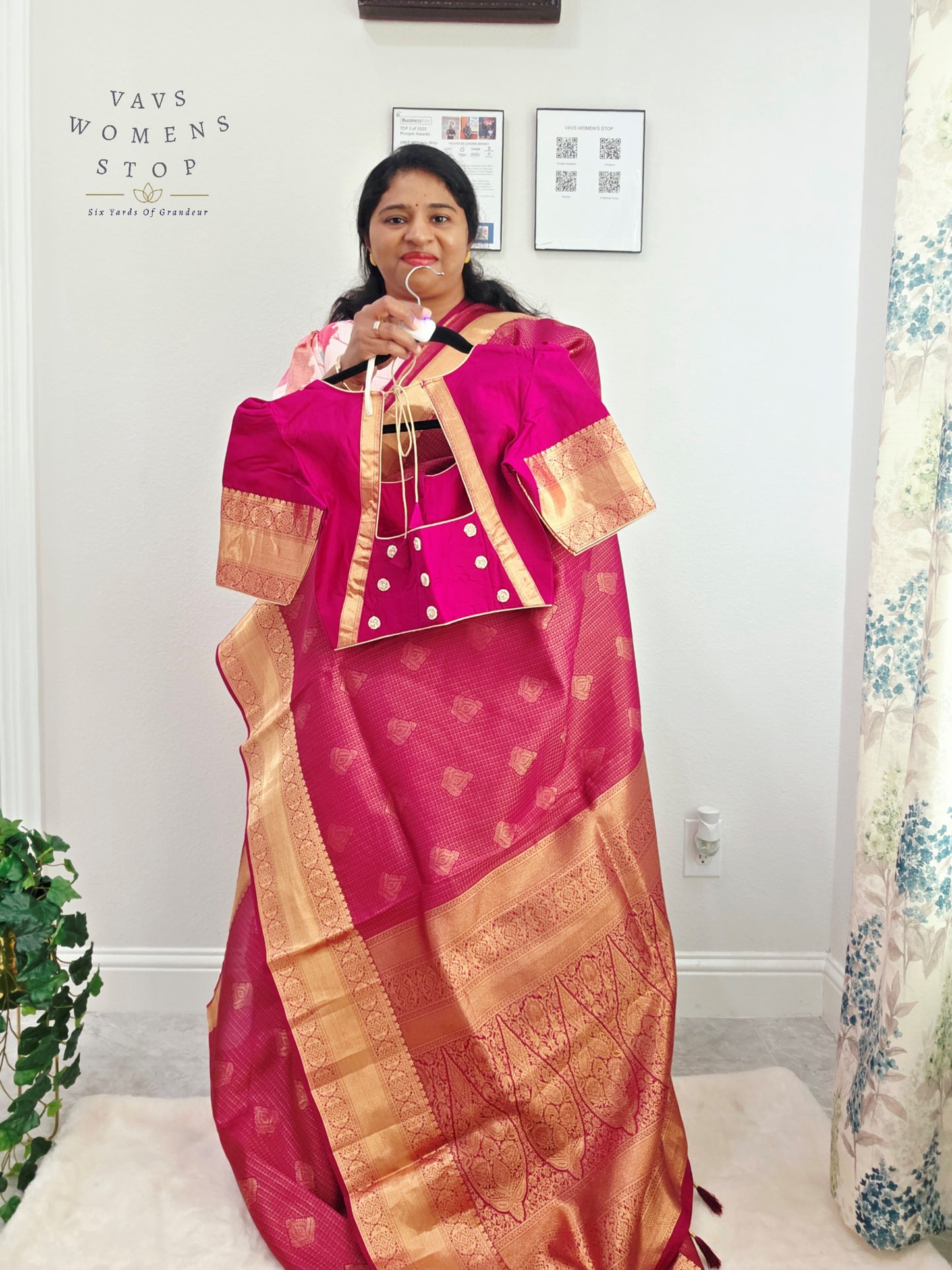 Royal Fuchsia Pink Pure Kanchi Handloom Double Warp Soft Silk Saree with Antique Gold Zari Border & Stitched Blouse