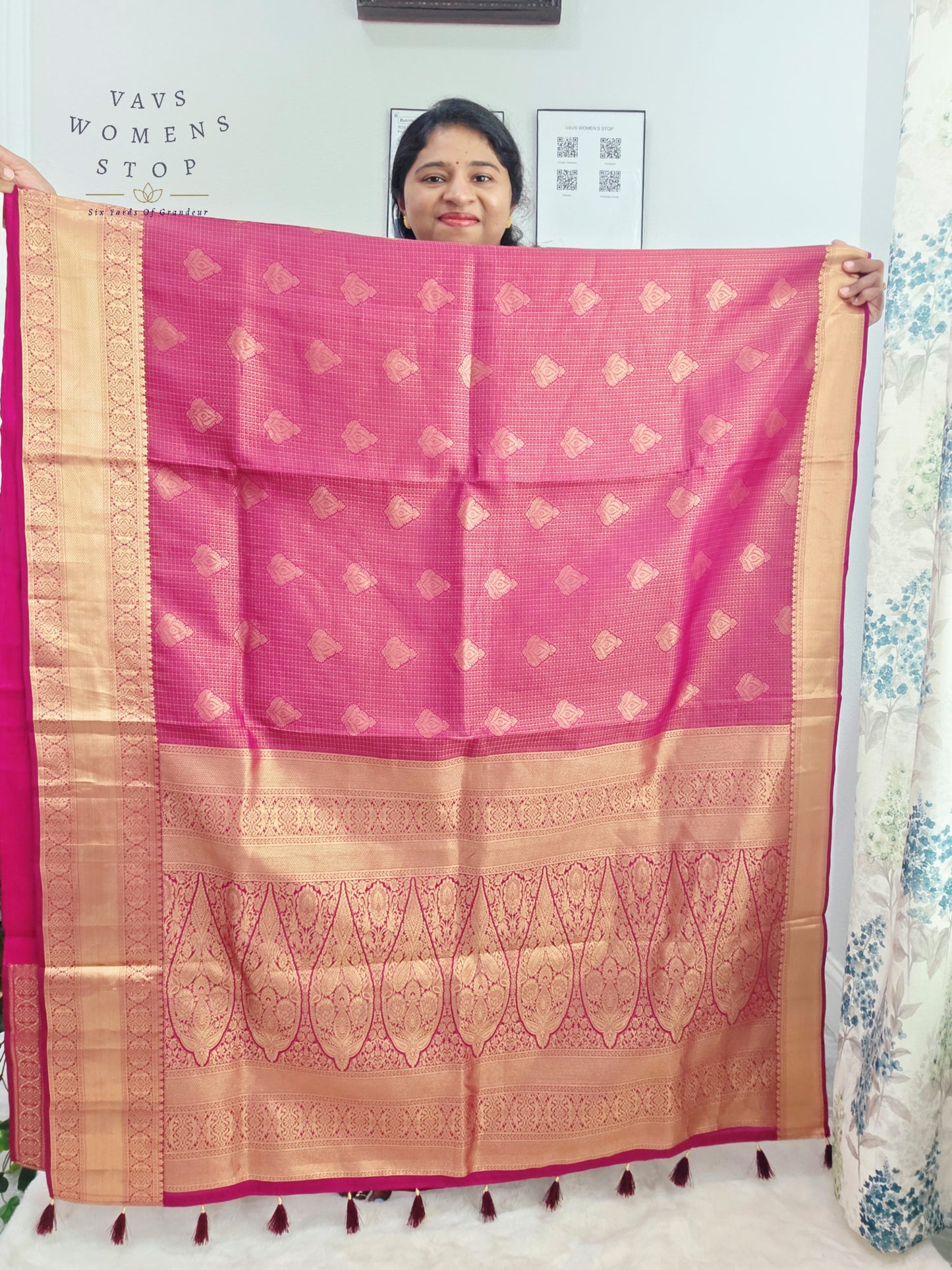 Royal Fuchsia Pink Pure Kanchi Handloom Double Warp Soft Silk Saree with Antique Gold Zari Border & Stitched Blouse