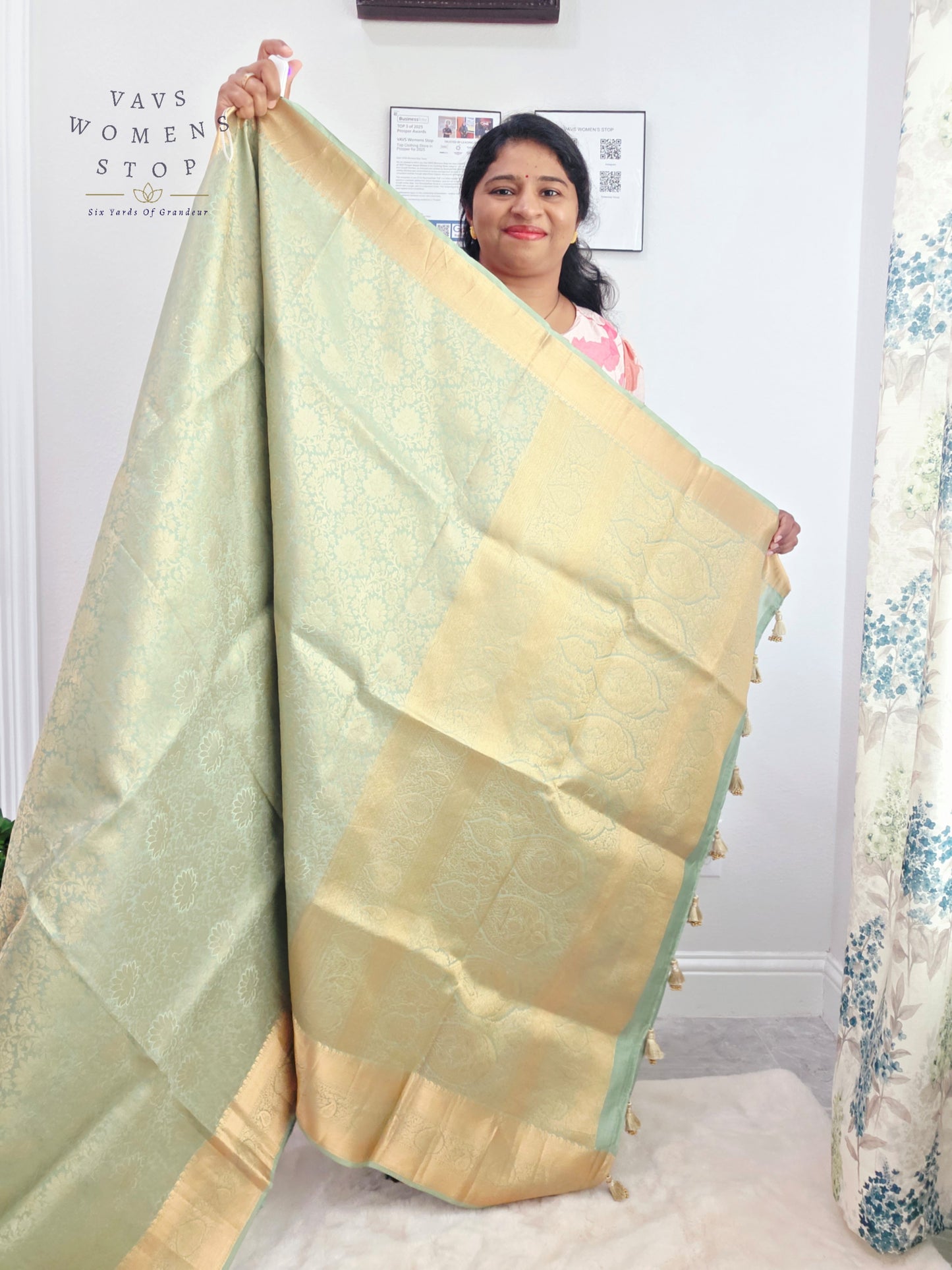 Mint Sage Pure Kanchi Handloom Double Warp Soft Silk Saree with Antique Gold Border & Stitched Blouse