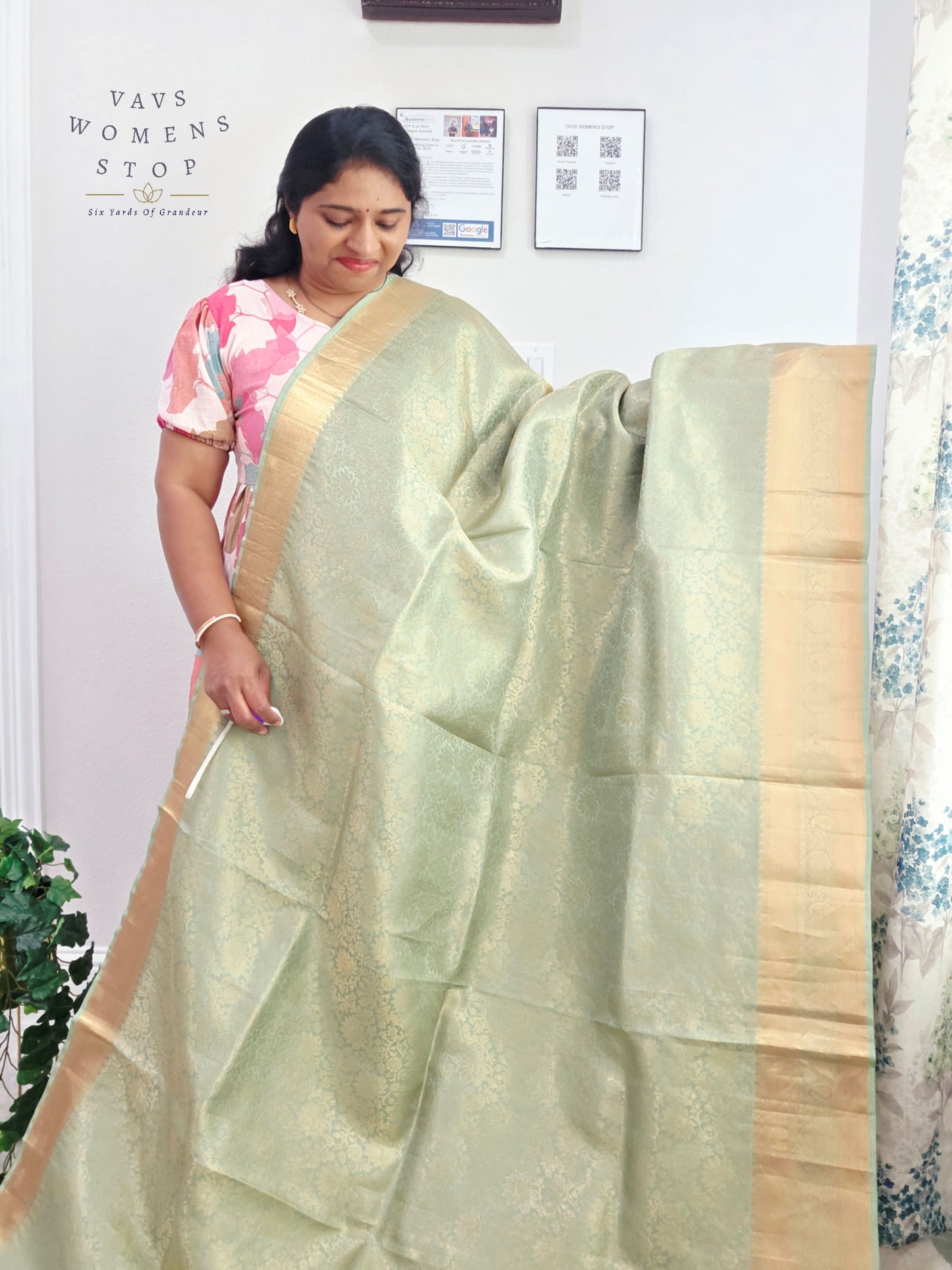 Mint Sage Pure Kanchi Handloom Double Warp Soft Silk Saree with Antique Gold Border & Stitched Blouse