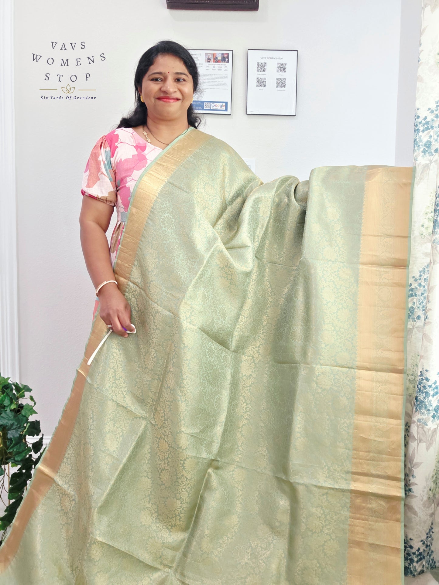 Mint Sage Pure Kanchi Handloom Double Warp Soft Silk Saree with Antique Gold Border & Stitched Blouse