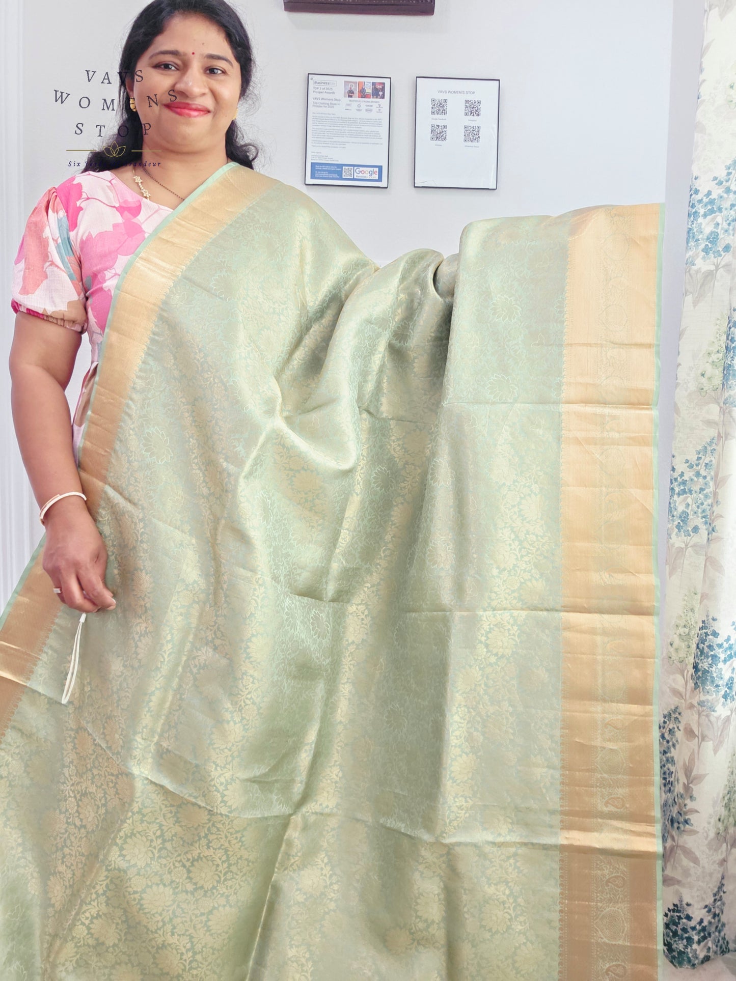Mint Sage Pure Kanchi Handloom Double Warp Soft Silk Saree with Antique Gold Border & Stitched Blouse