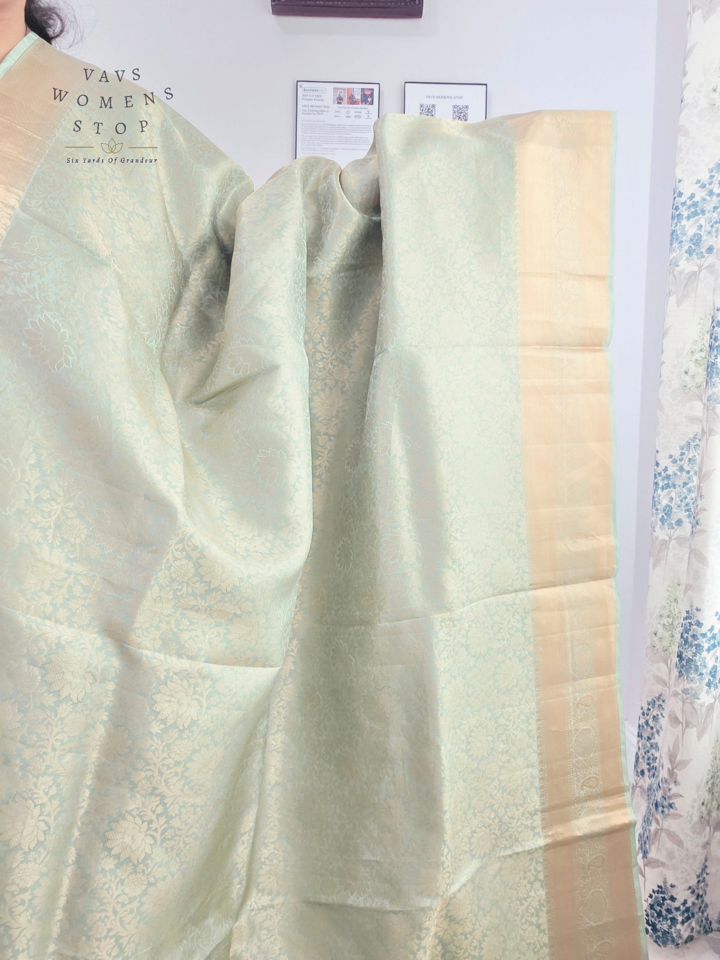 Mint Sage Pure Kanchi Handloom Double Warp Soft Silk Saree with Antique Gold Border & Stitched Blouse