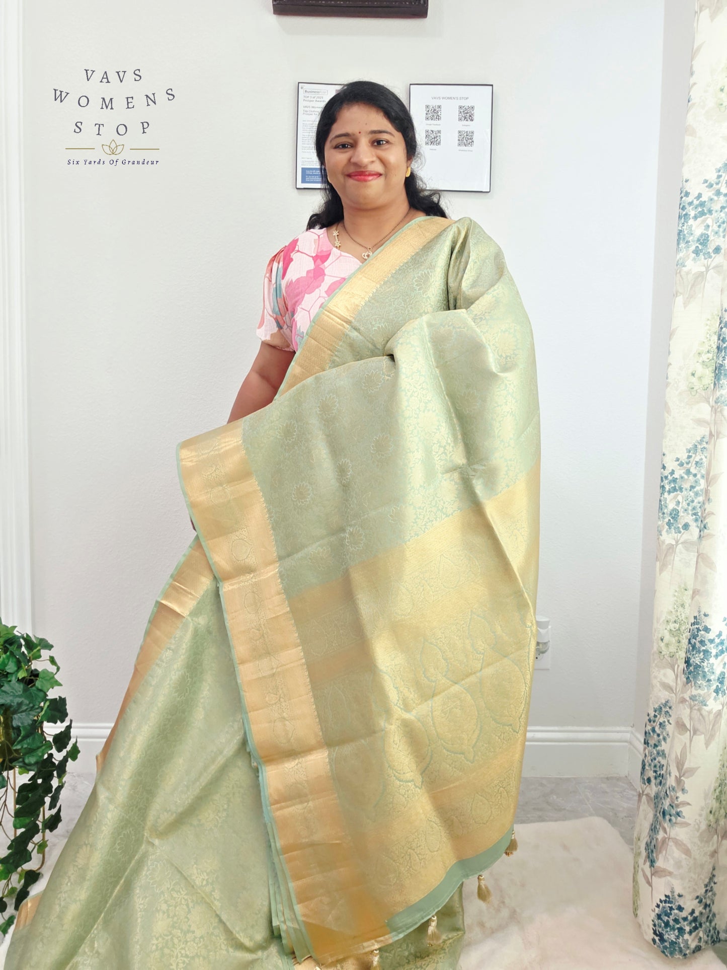 Mint Sage Pure Kanchi Handloom Double Warp Soft Silk Saree with Antique Gold Border & Stitched Blouse