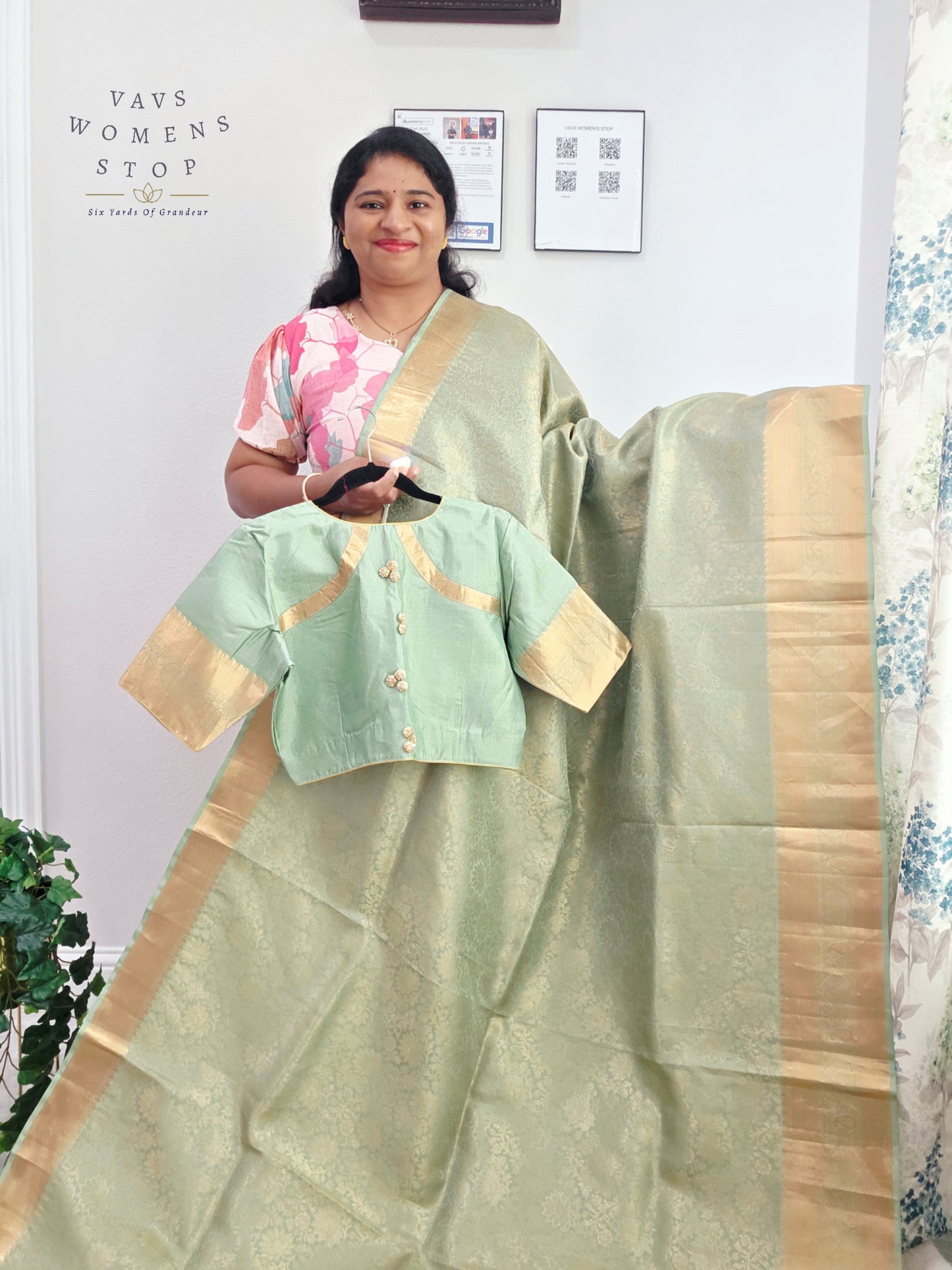 Mint Sage Pure Kanchi Handloom Double Warp Soft Silk Saree with Antique Gold Border & Stitched Blouse