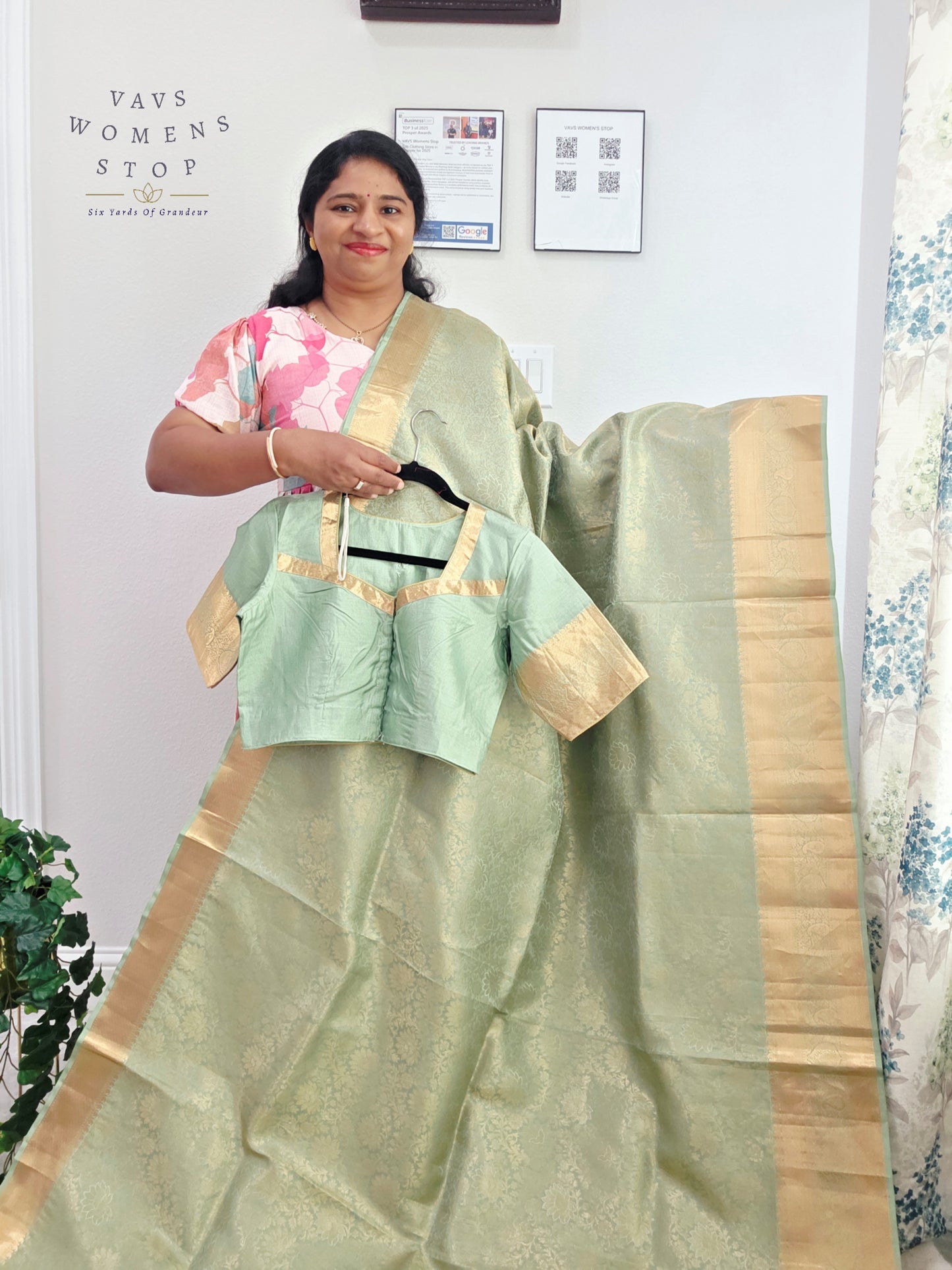 Mint Sage Pure Kanchi Handloom Double Warp Soft Silk Saree with Antique Gold Border & Stitched Blouse