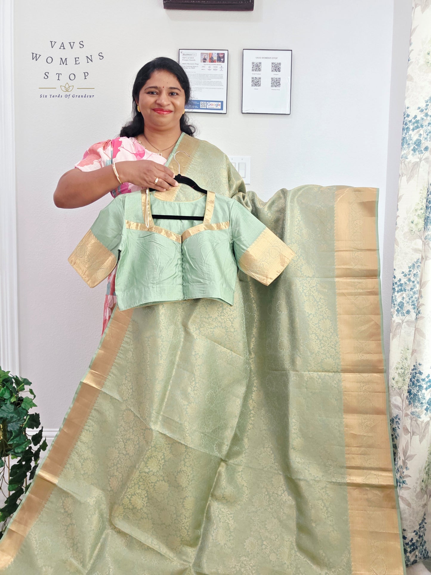 Mint Sage Pure Kanchi Handloom Double Warp Soft Silk Saree with Antique Gold Border & Stitched Blouse