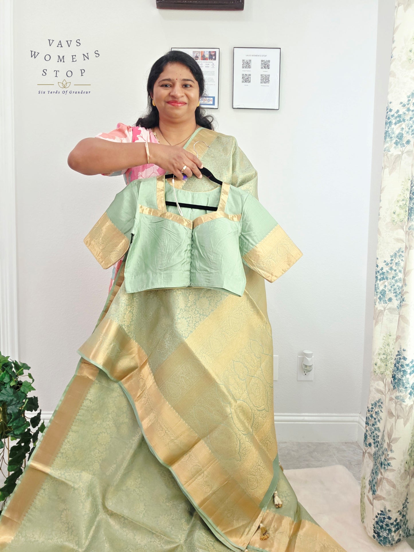 Mint Sage Pure Kanchi Handloom Double Warp Soft Silk Saree with Antique Gold Border & Stitched Blouse