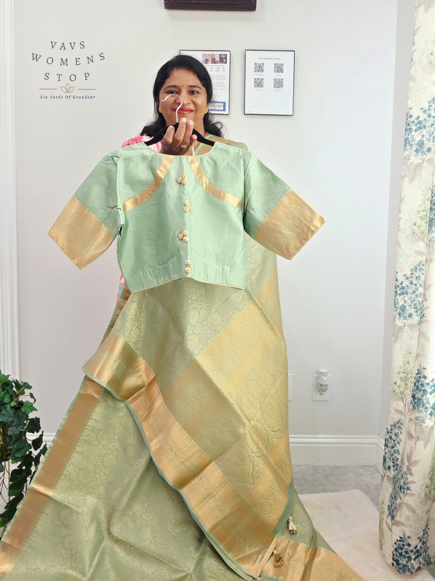Mint Sage Pure Kanchi Handloom Double Warp Soft Silk Saree with Antique Gold Border & Stitched Blouse