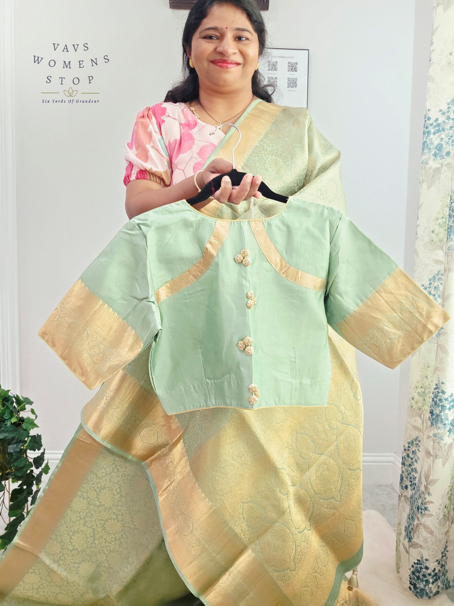 Mint Sage Pure Kanchi Handloom Double Warp Soft Silk Saree with Antique Gold Border & Stitched Blouse