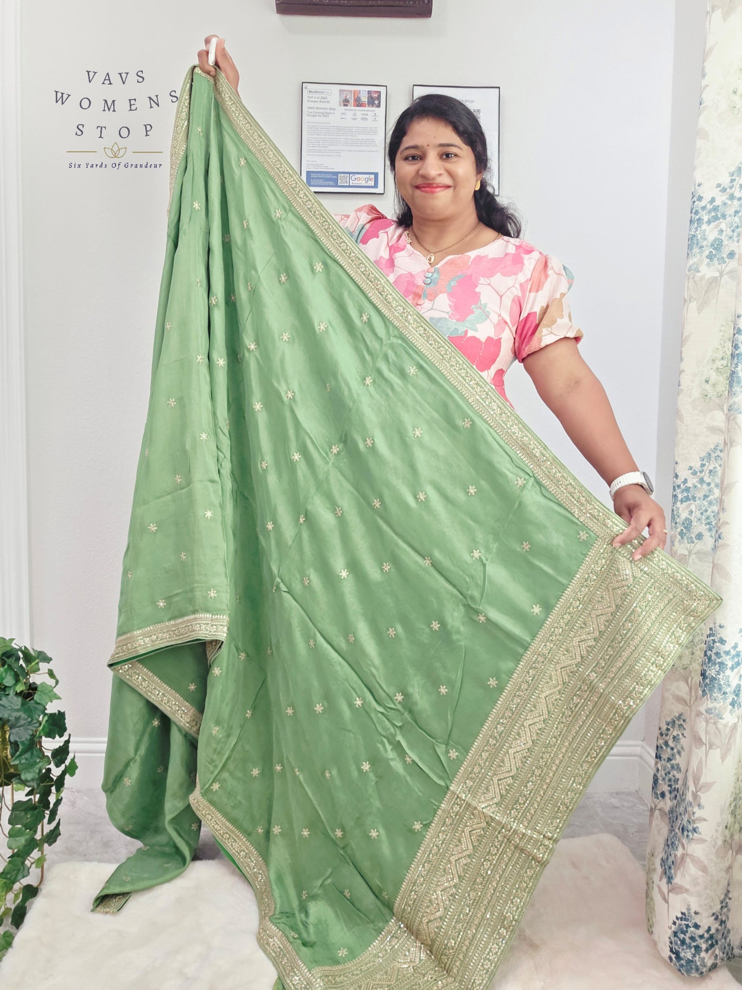 Sage Mint Green Sabyasachi Inspired Viscose Crepe Silk Saree with Floral Designer Stitched Blouse