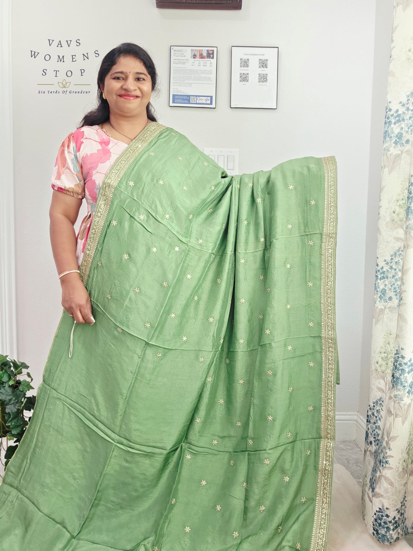Sage Mint Green Sabyasachi Inspired Viscose Crepe Silk Saree with Floral Designer Stitched Blouse